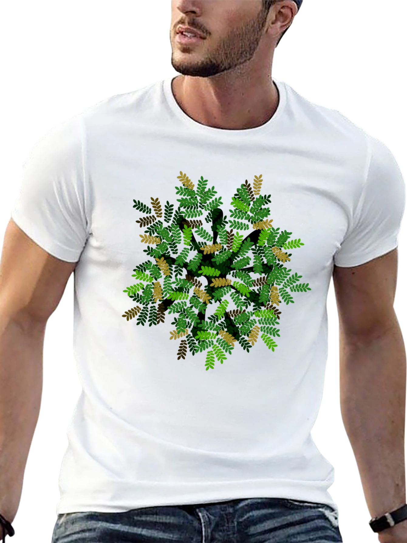 Leaf Pattern Black T-Shirt - Nature Inspired Design