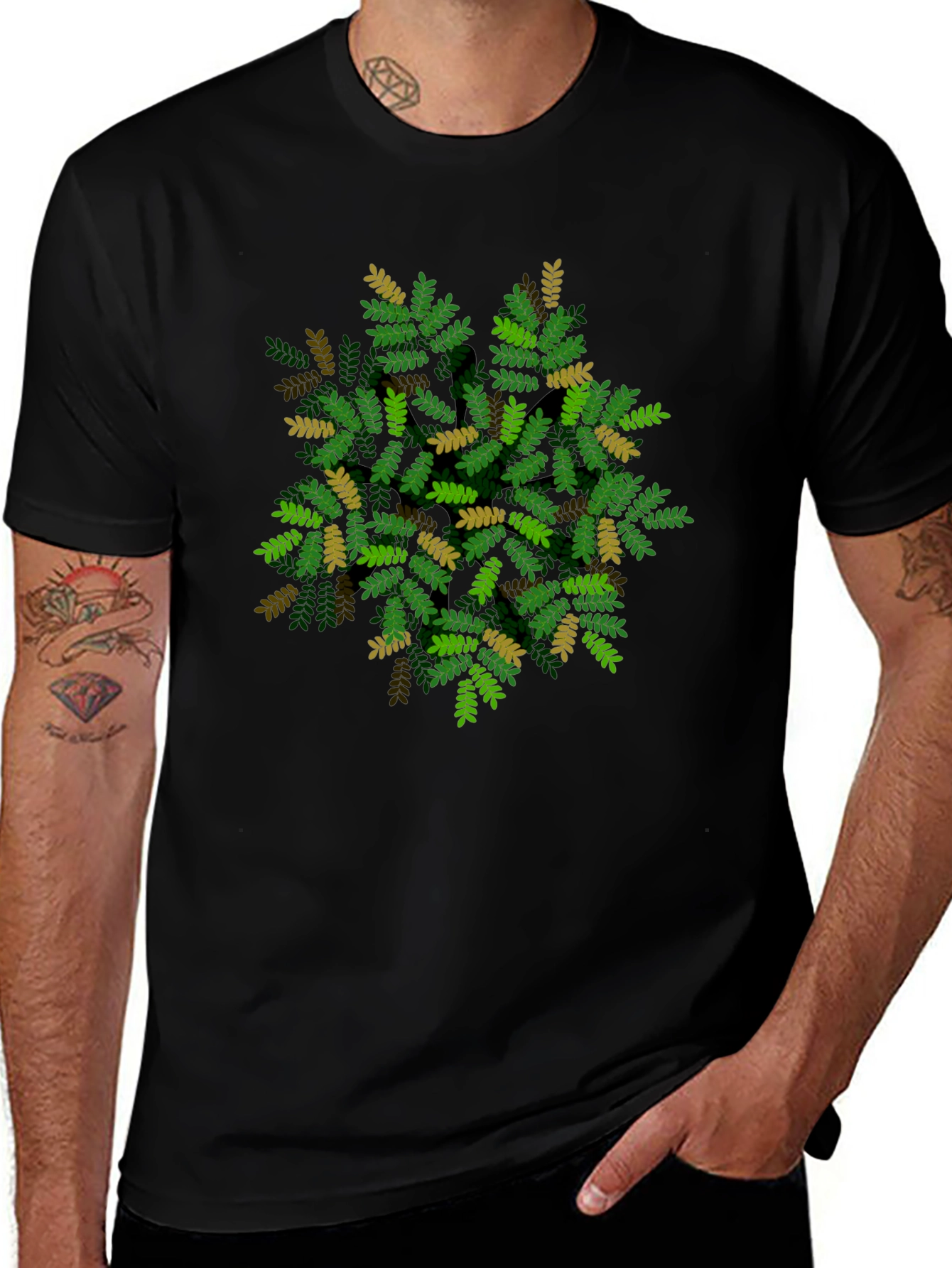 Leaf Pattern Black T-Shirt - Nature Inspired Design