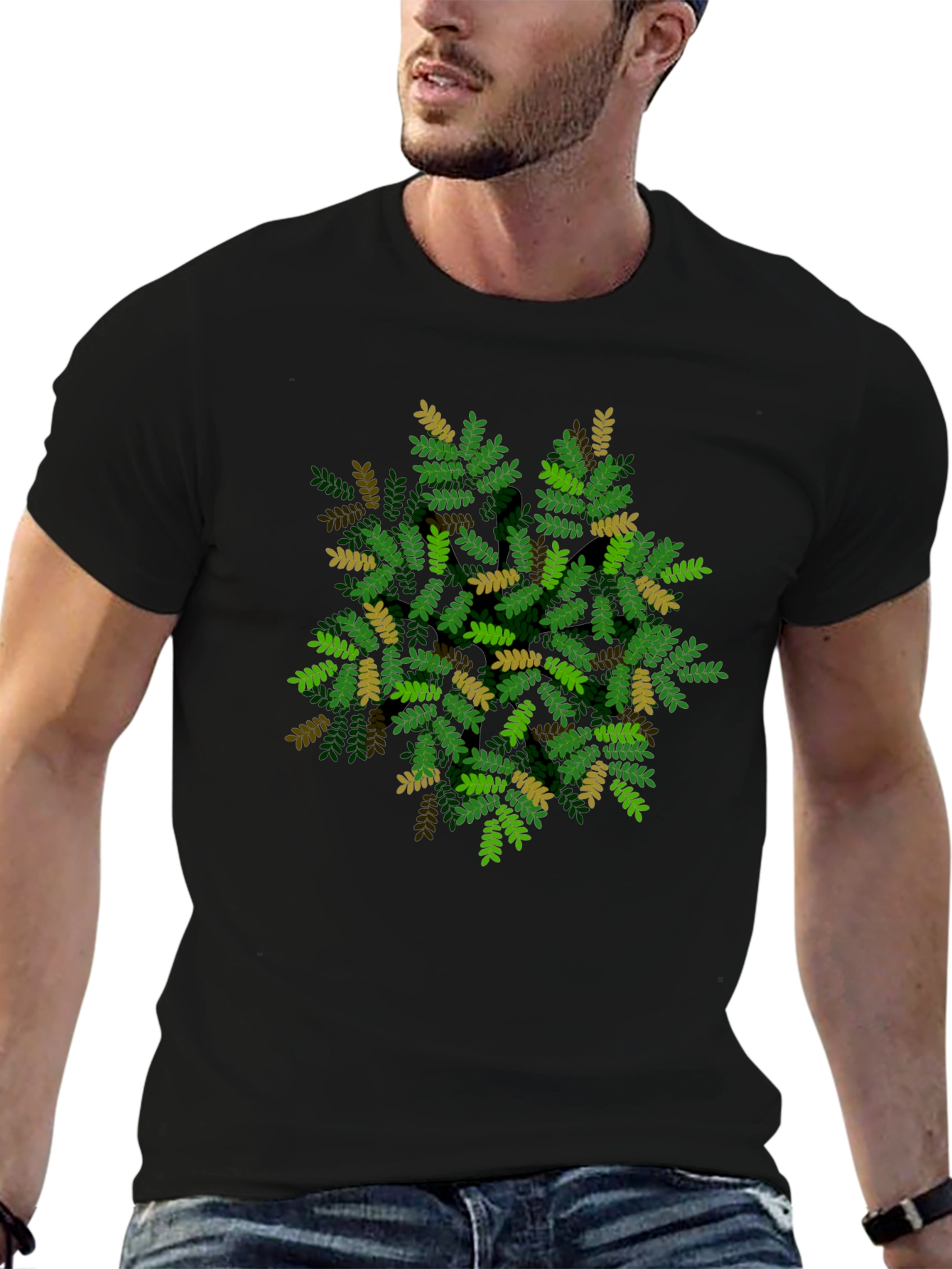 Leaf Pattern Black T-Shirt - Nature Inspired Design