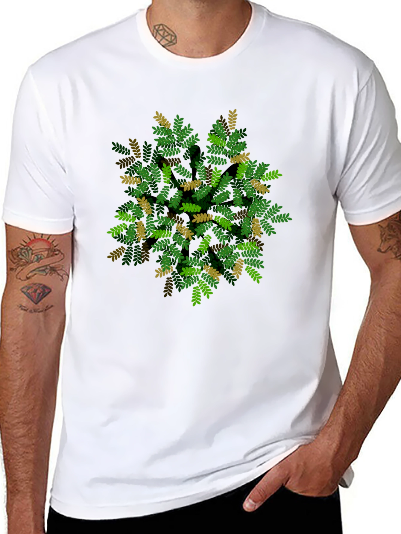 Leaf Pattern Black T-Shirt - Nature Inspired Design