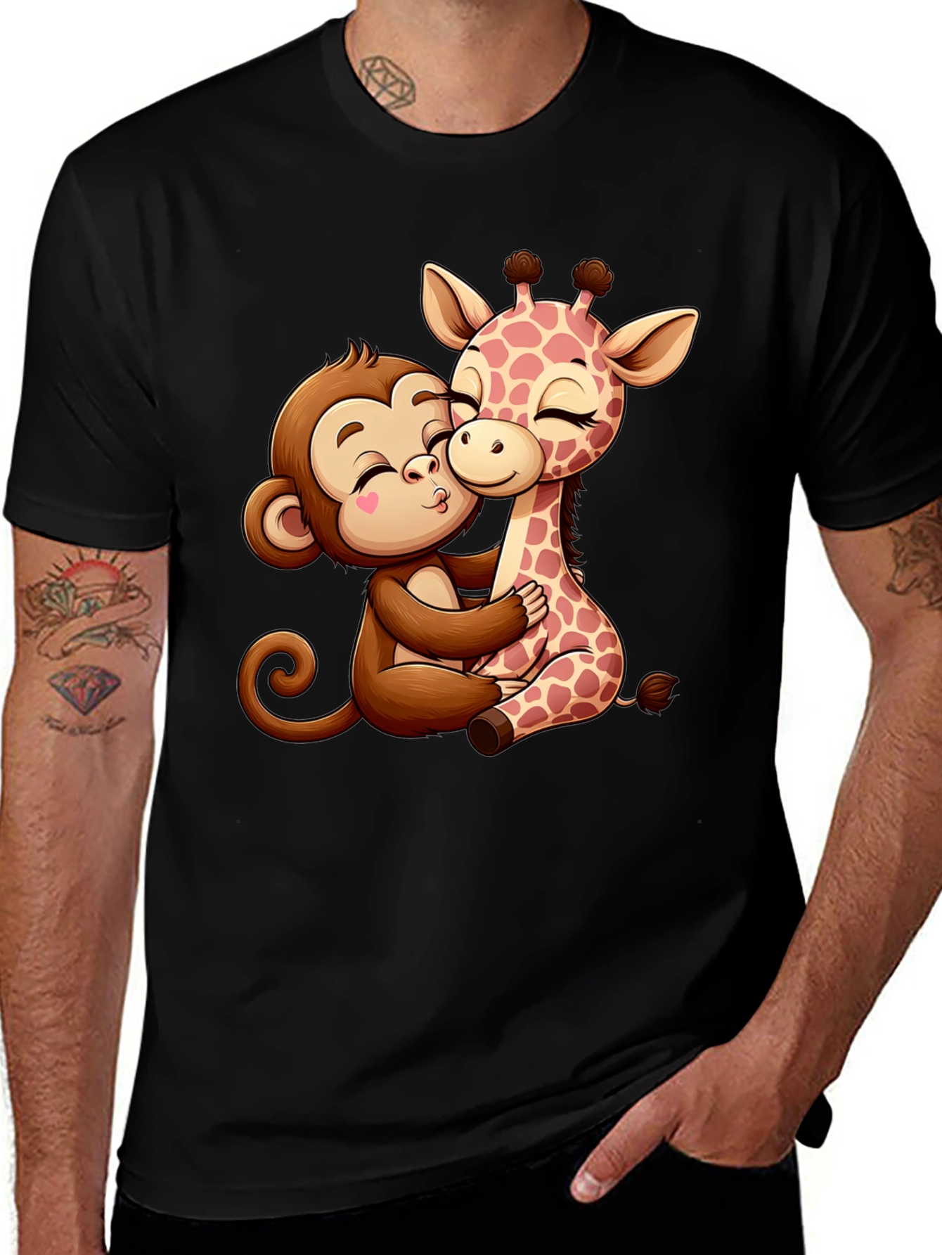 Cute Cartoon Monkey and Giraffe Hug Black T-Shirt