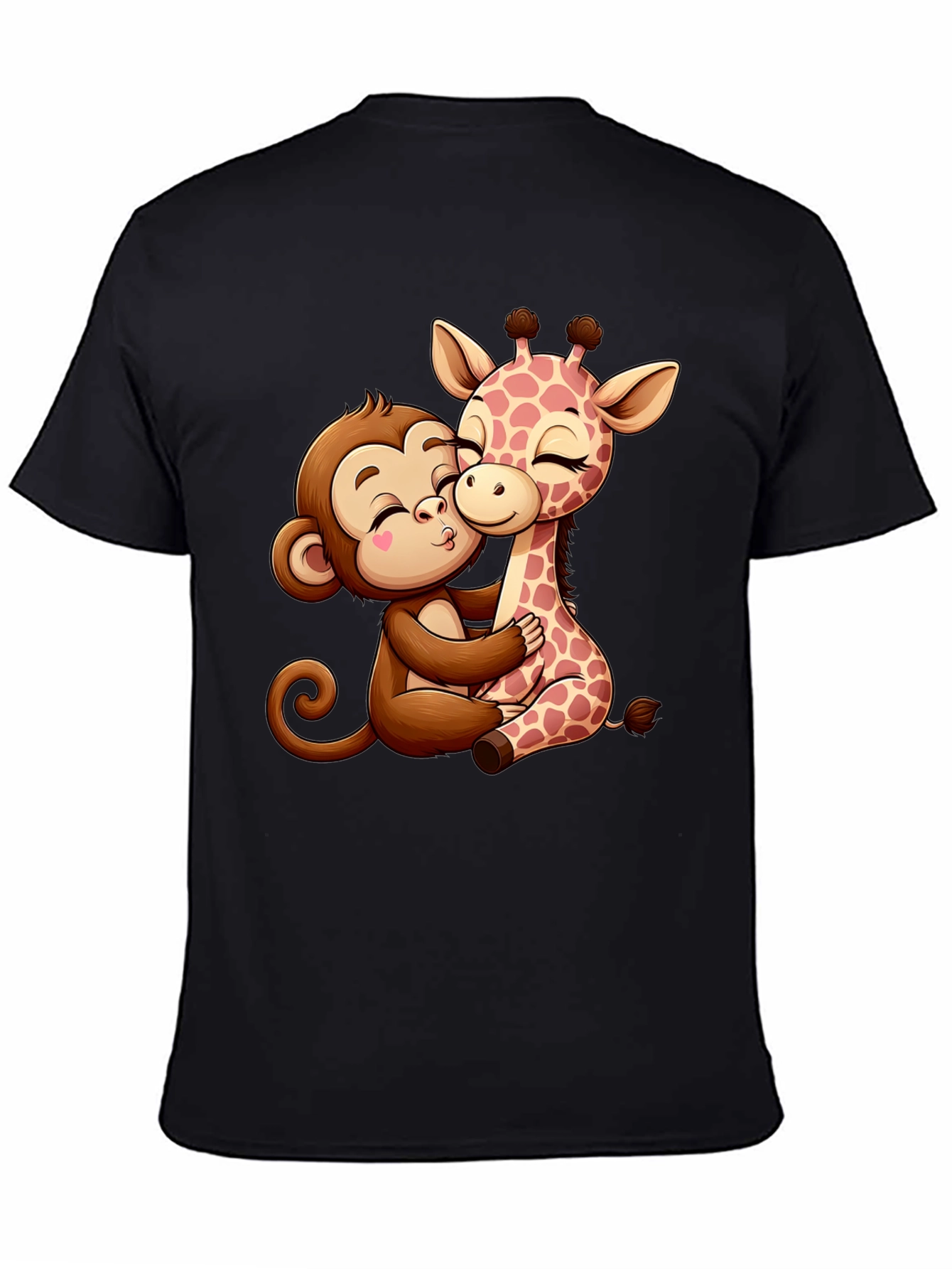 Cute Cartoon Monkey and Giraffe Hug Black T-Shirt