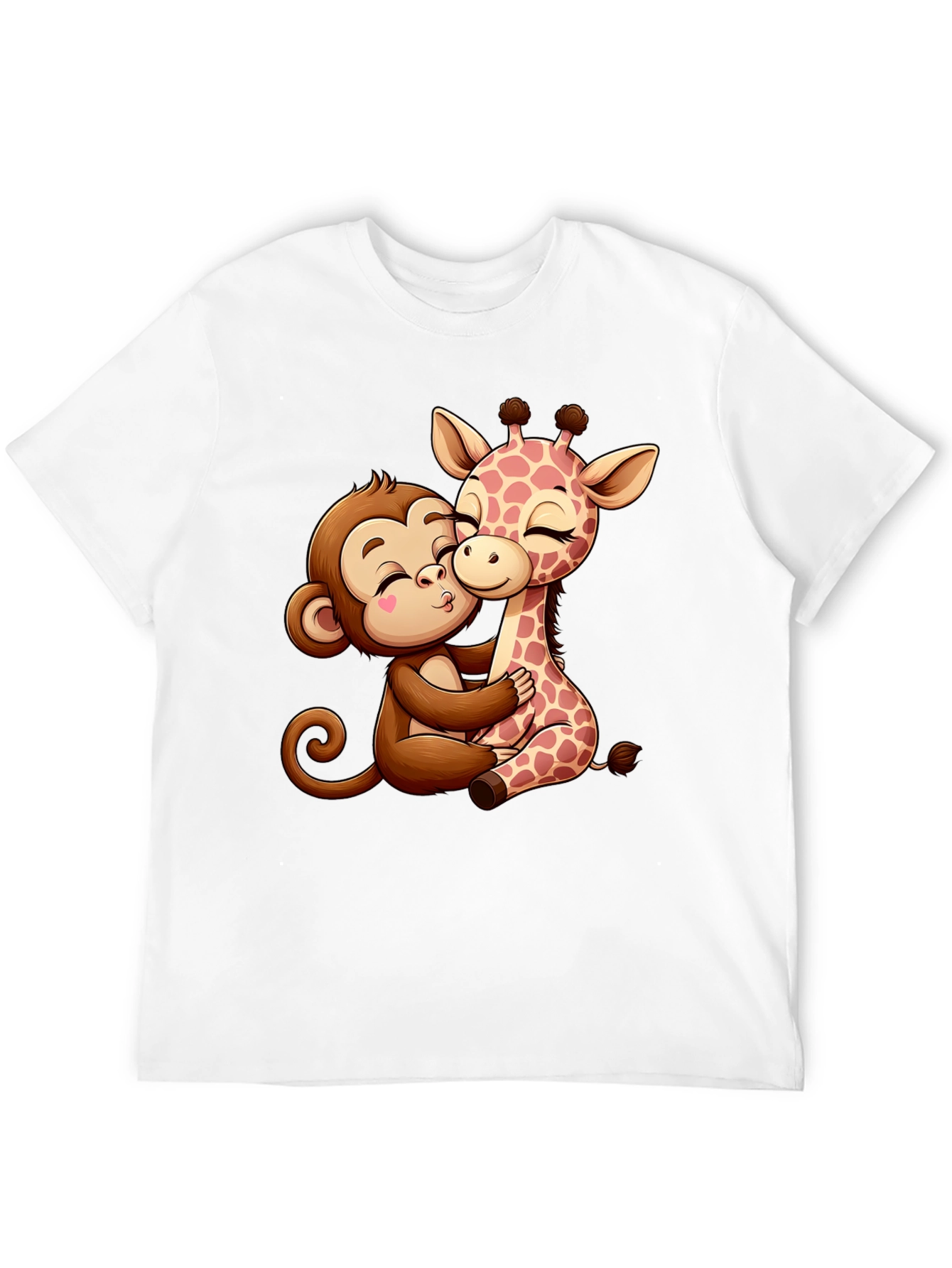 Cute Cartoon Monkey and Giraffe Hug Black T-Shirt
