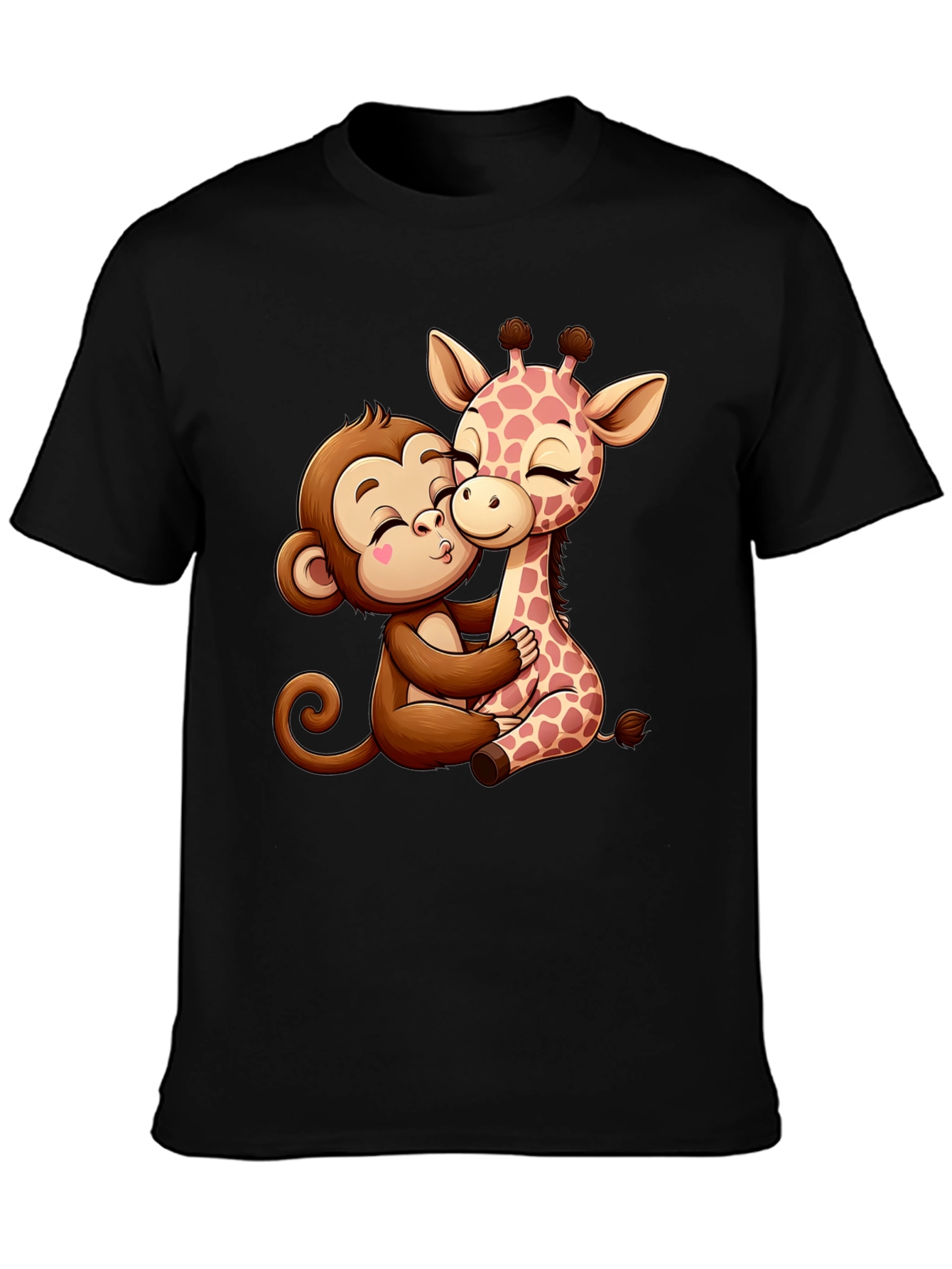 Cute Cartoon Monkey and Giraffe Hug Black T-Shirt