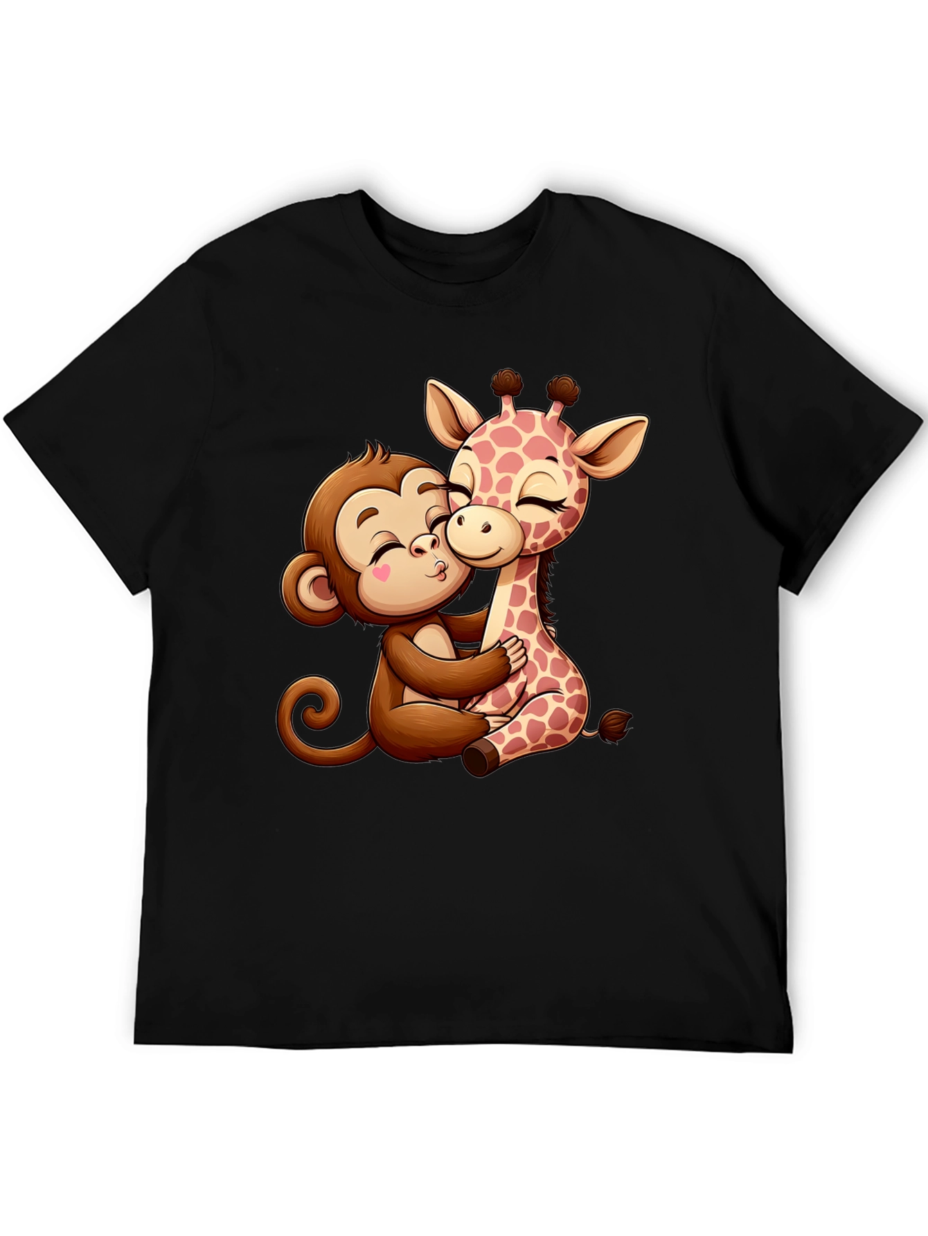 Cute Cartoon Monkey and Giraffe Hug Black T-Shirt