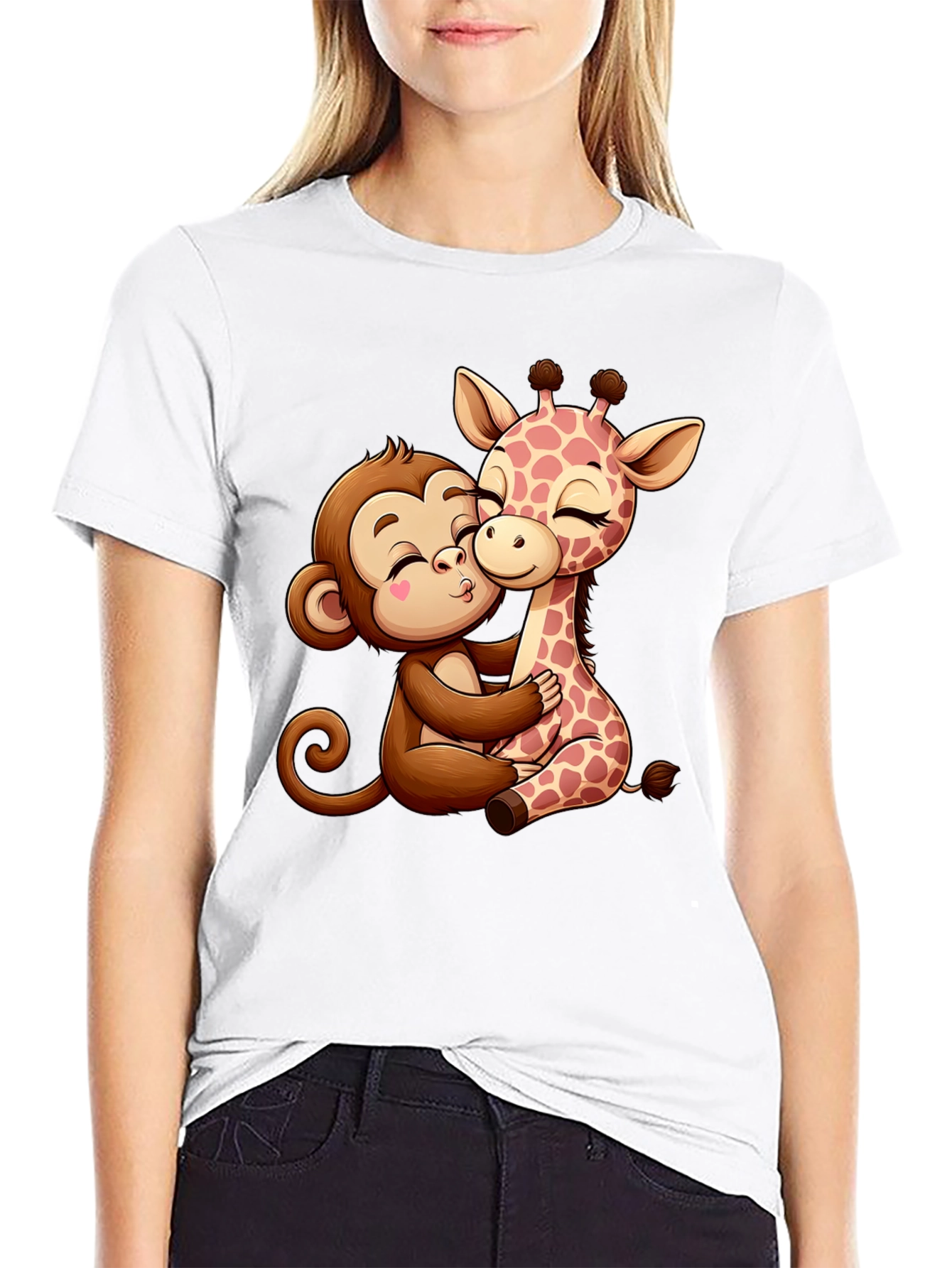 Cute Cartoon Monkey and Giraffe Hug Black T-Shirt