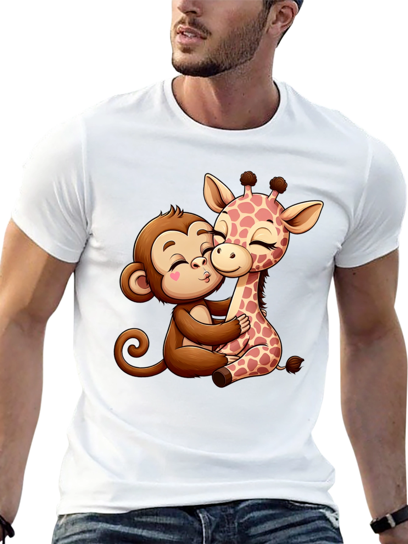 Cute Cartoon Monkey and Giraffe Hug Black T-Shirt