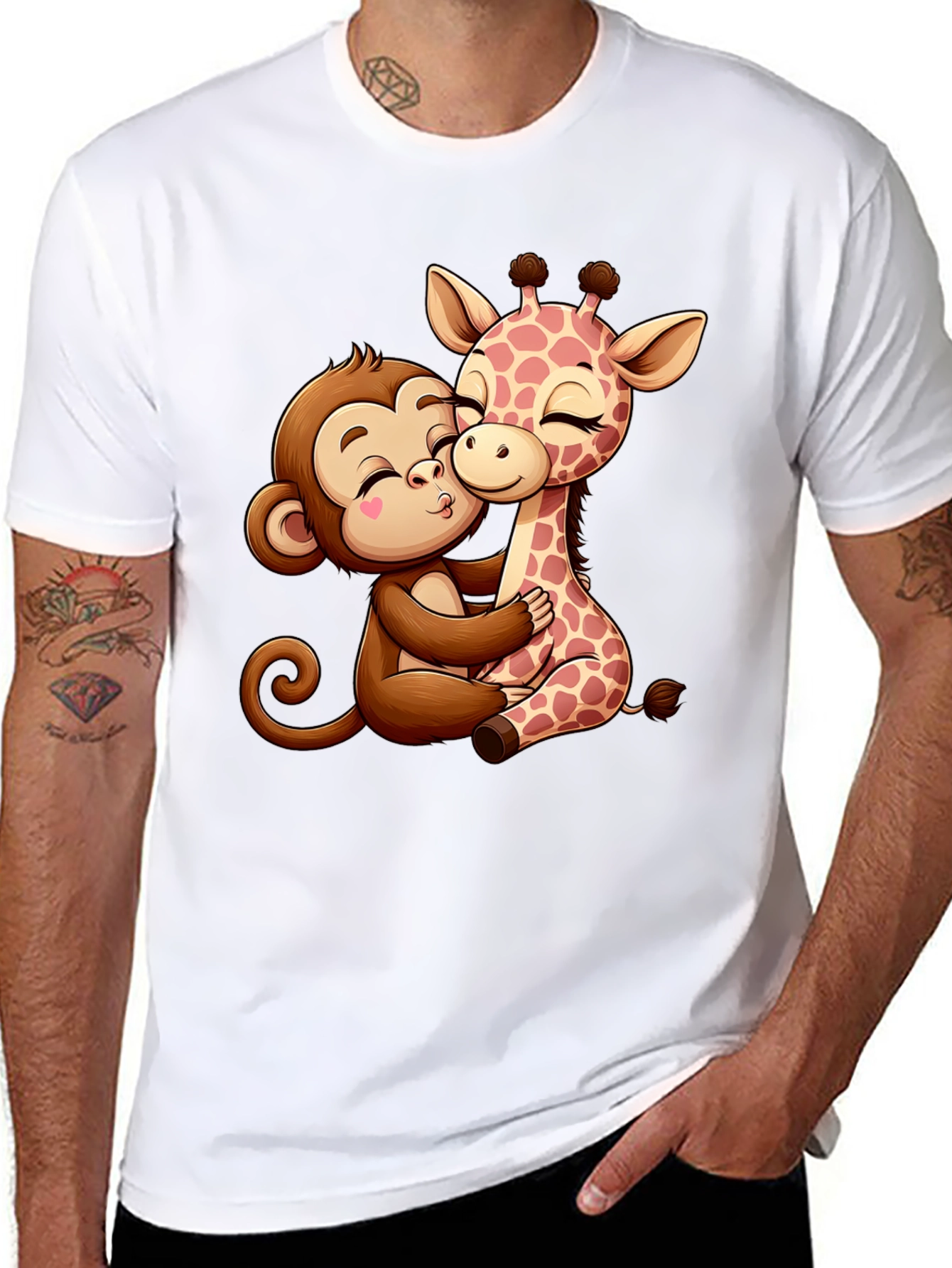 Cute Cartoon Monkey and Giraffe Hug Black T-Shirt