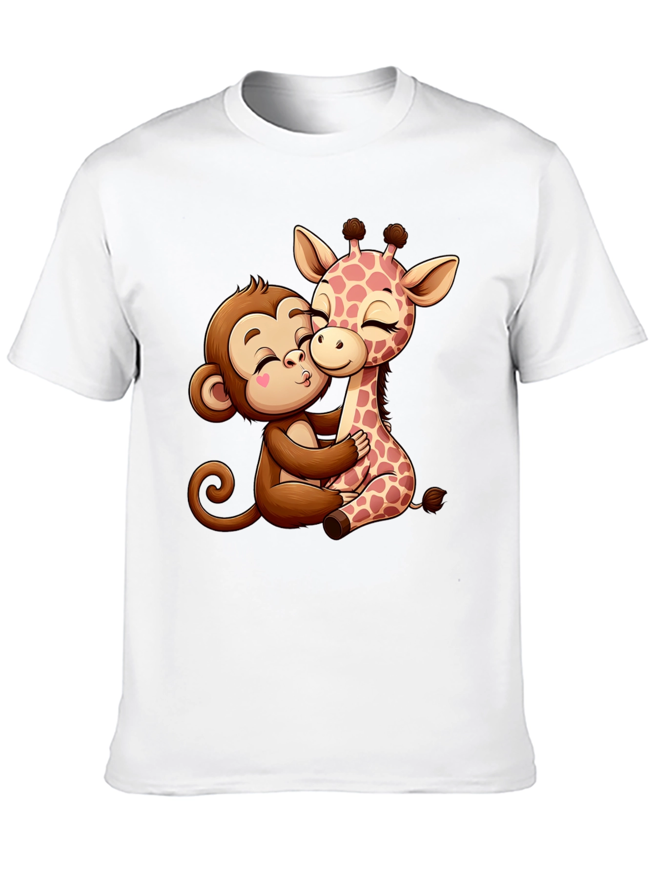 Cute Cartoon Monkey and Giraffe Hug Black T-Shirt
