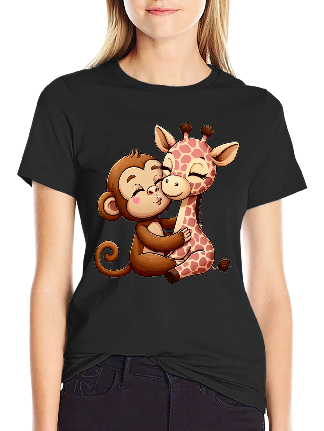 Cute Cartoon Monkey and Giraffe Hug Black T-Shirt