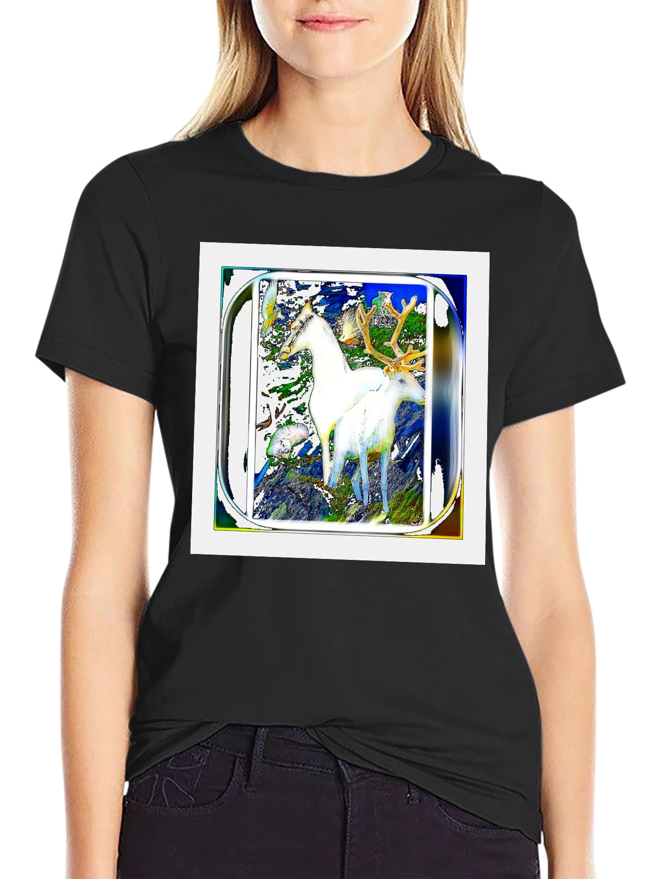 Artistic Deer Graphic Black T-Shirt