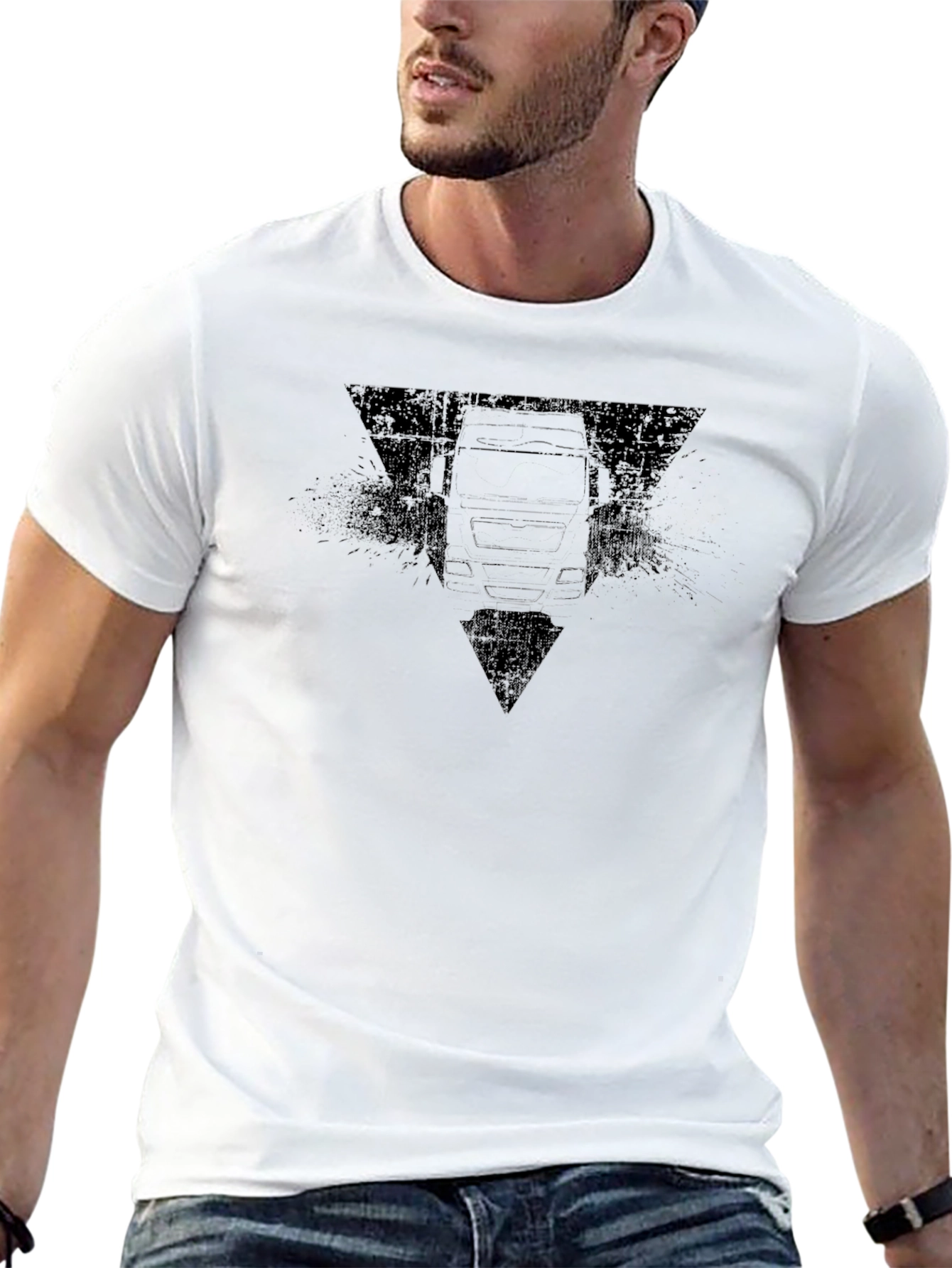 Black Truck Graphic Tee - Distressed Triangle Design