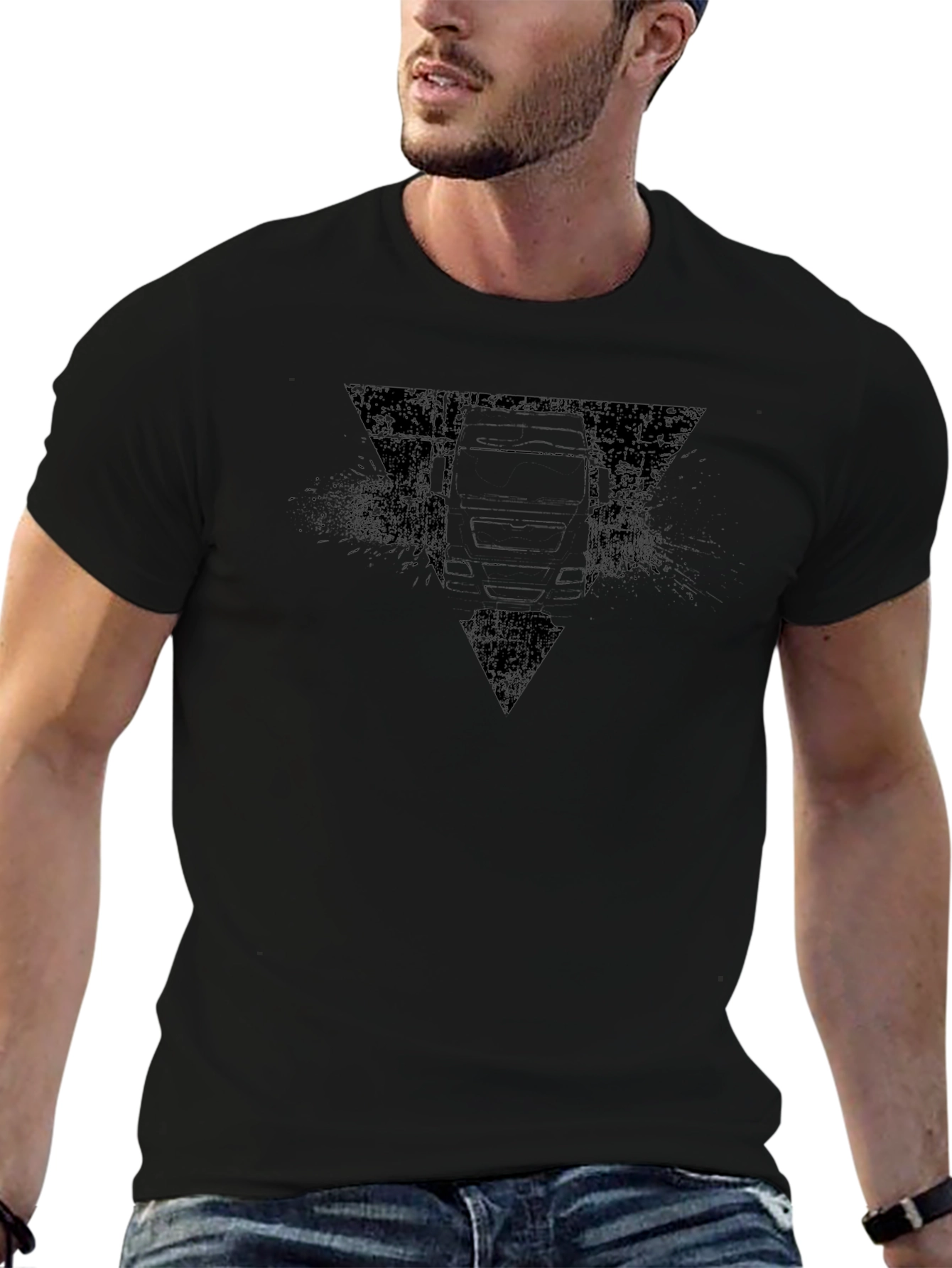 Black Truck Graphic Tee - Distressed Triangle Design