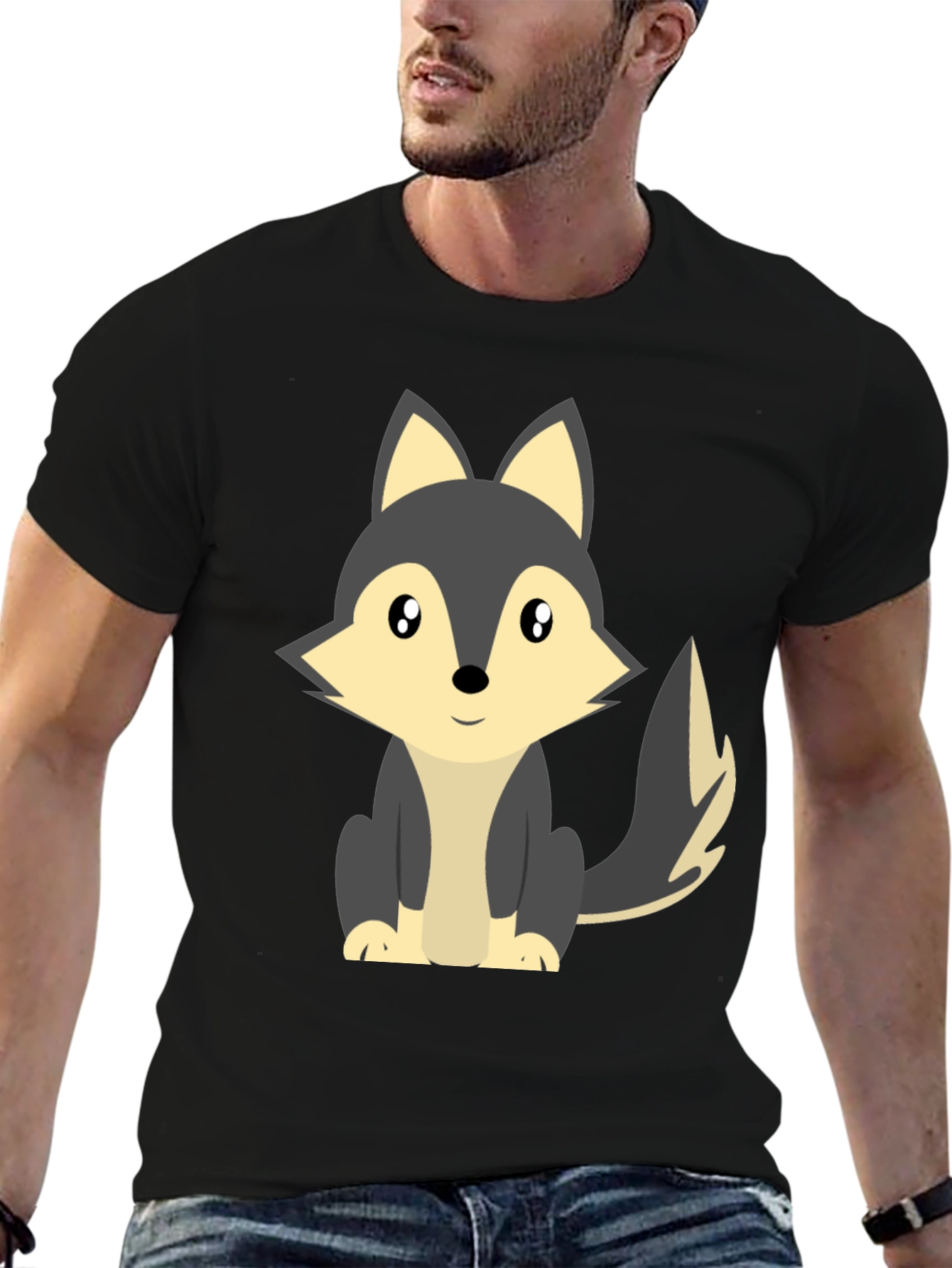 Cute Cartoon Wolf Graphic Tee - Black