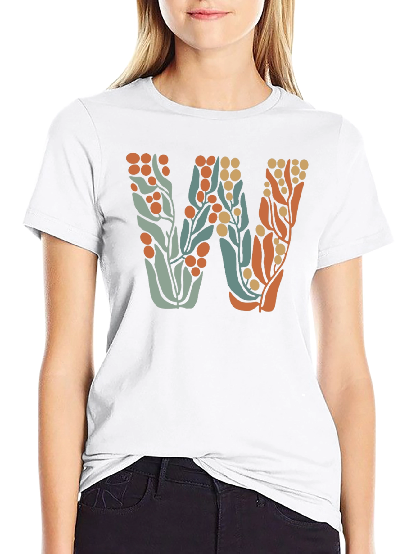 Floral Initial W Black T-Shirt