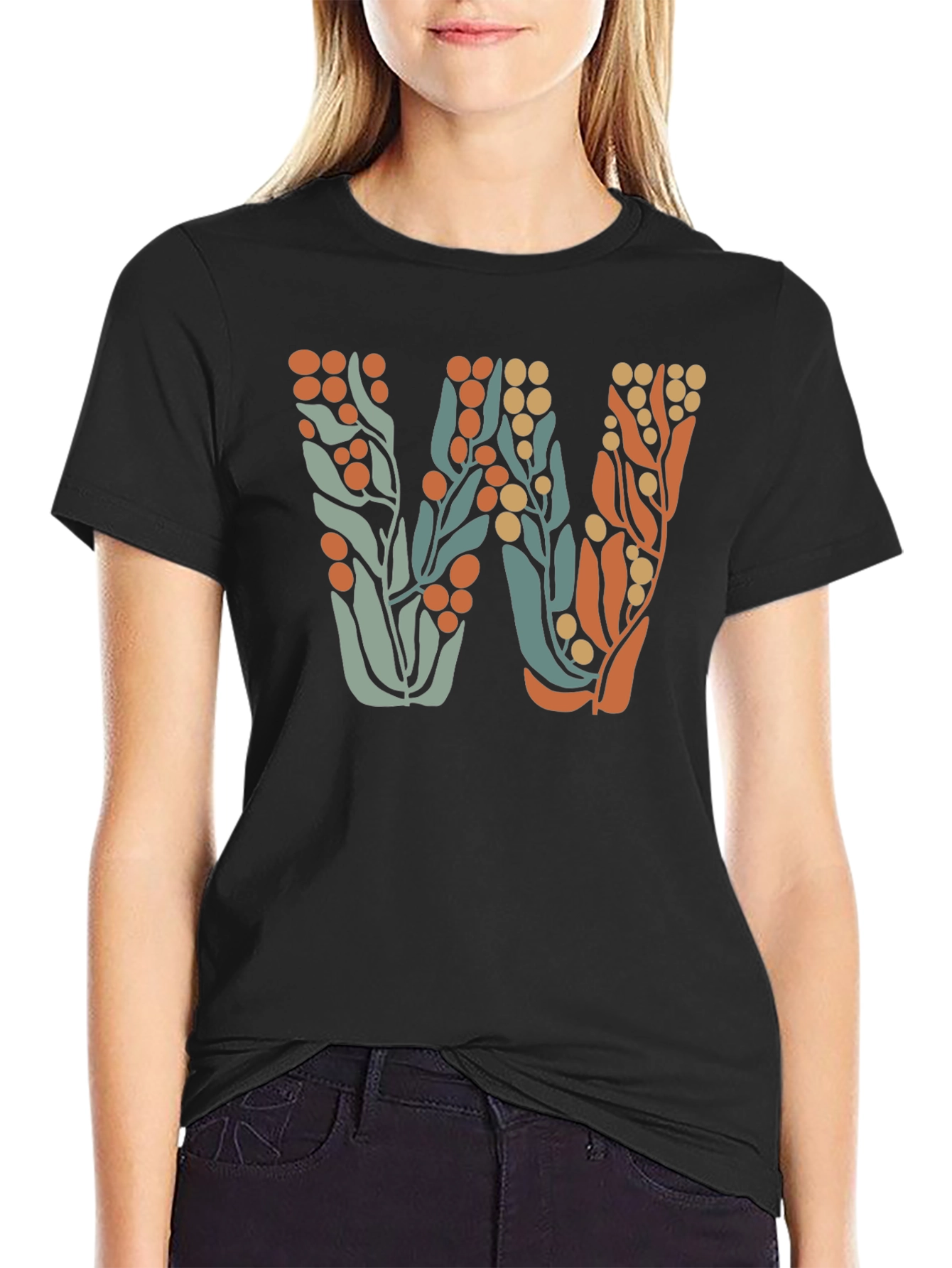 Floral Initial W Black T-Shirt