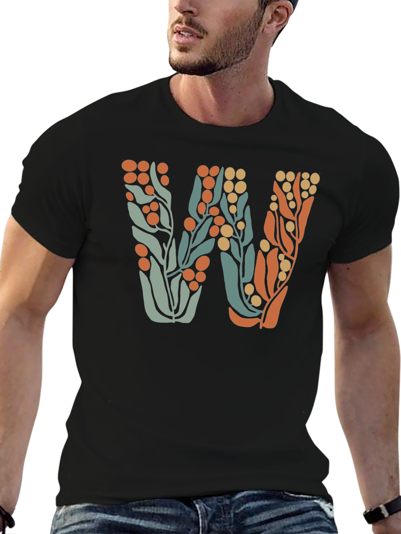 Floral Initial W Black T-Shirt