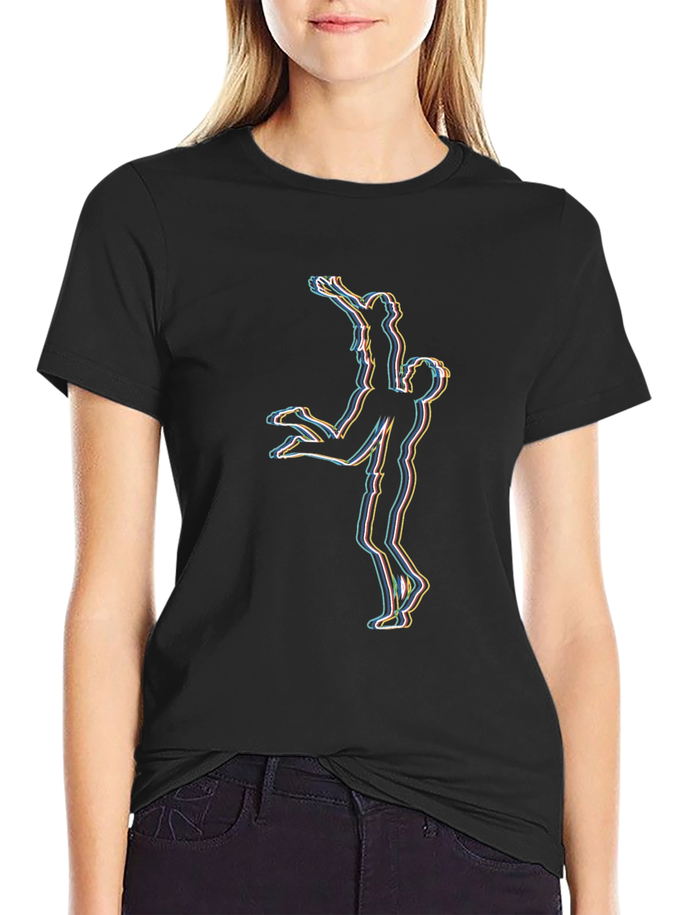 Abstract Couple Lift Graphic Black T-Shirt