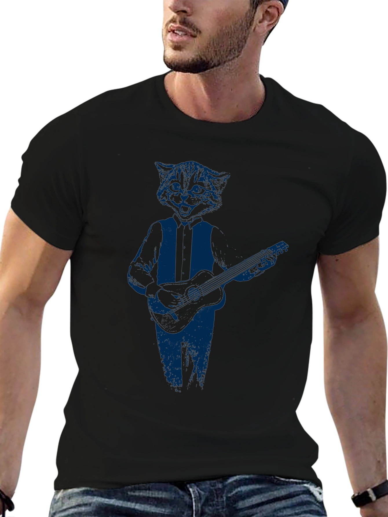 Cool Cat Guitar Player Graphic T-Shirt