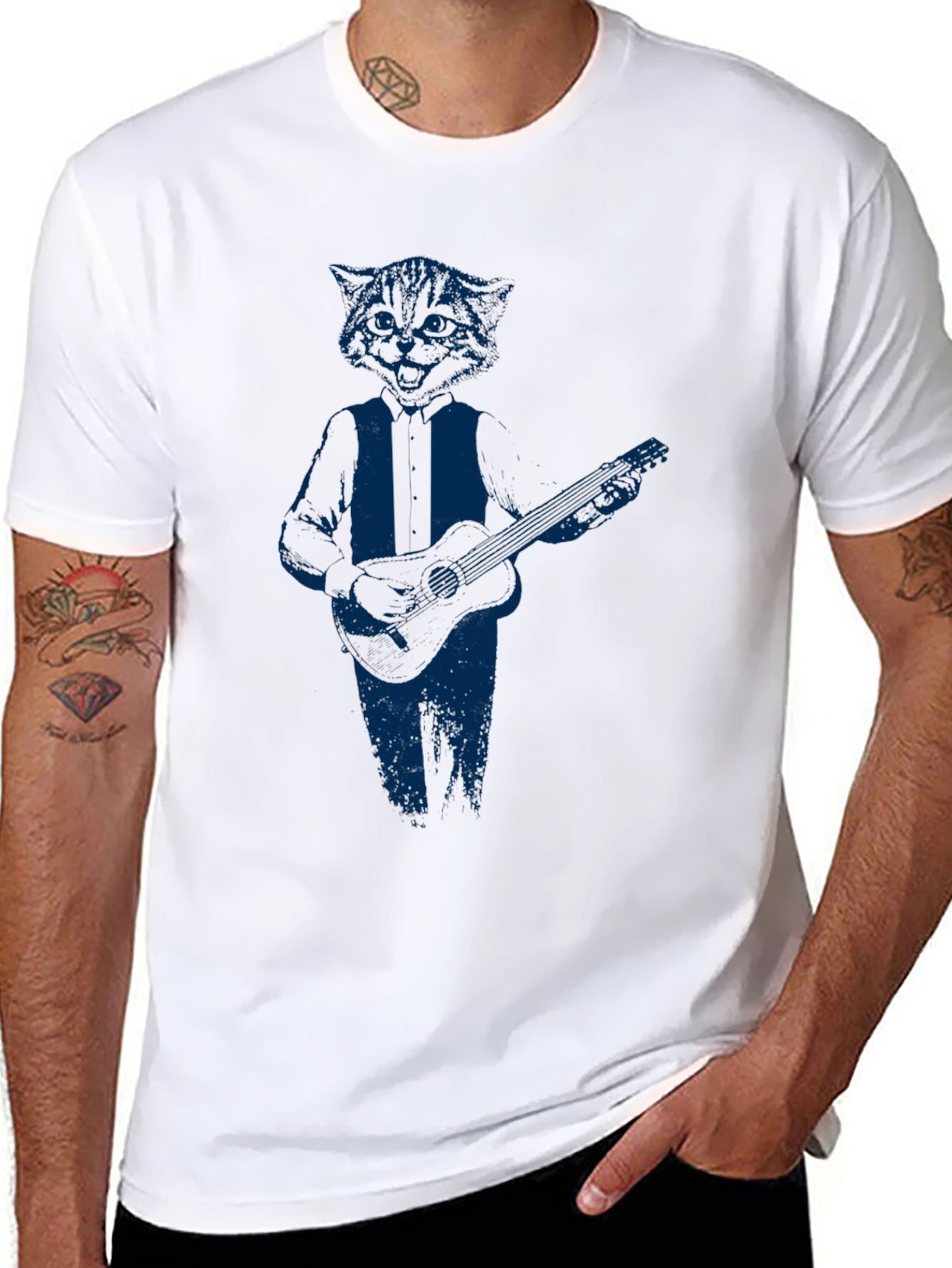 Cool Cat Guitar Player Graphic T-Shirt