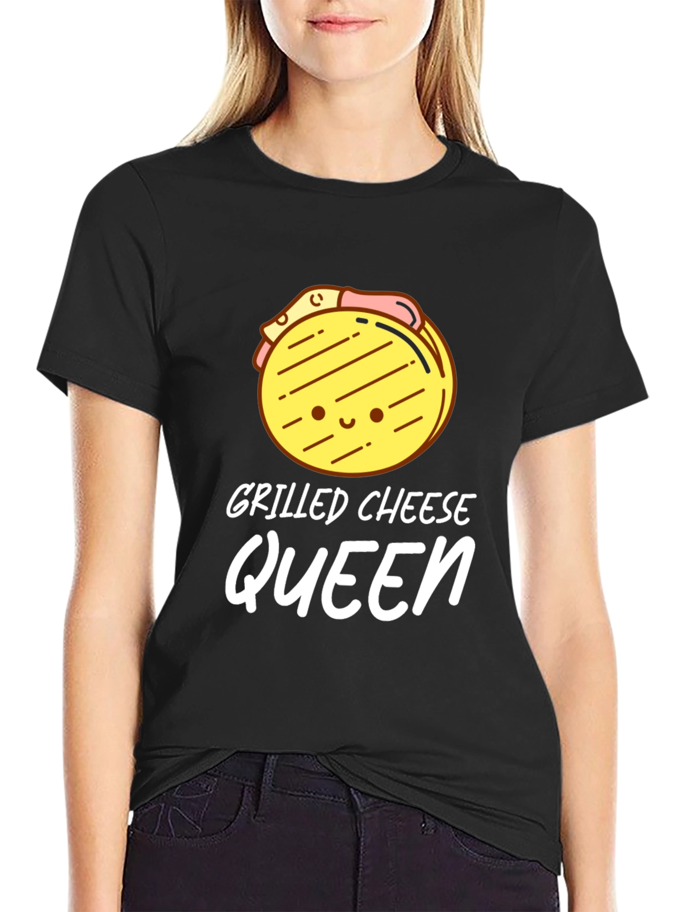 Grilled Cheese Queen T-Shirt - Black Cute Cartoon Design