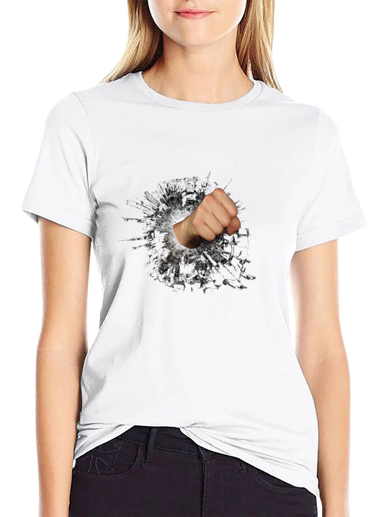 Shattered Glass Fist Graphic Tee - Black Cotton Casual