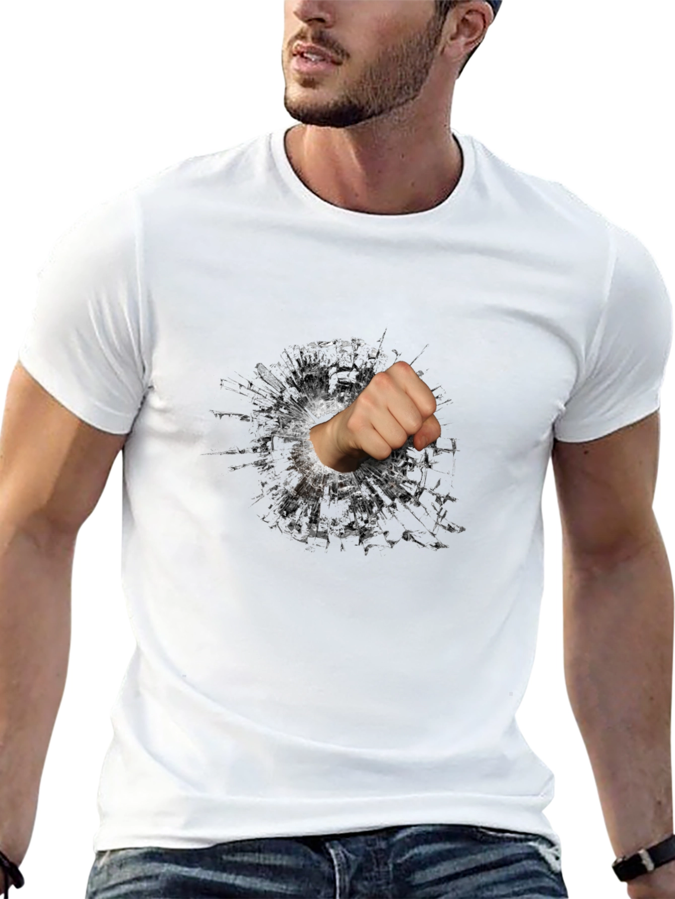 Shattered Glass Fist Graphic Tee - Black Cotton Casual
