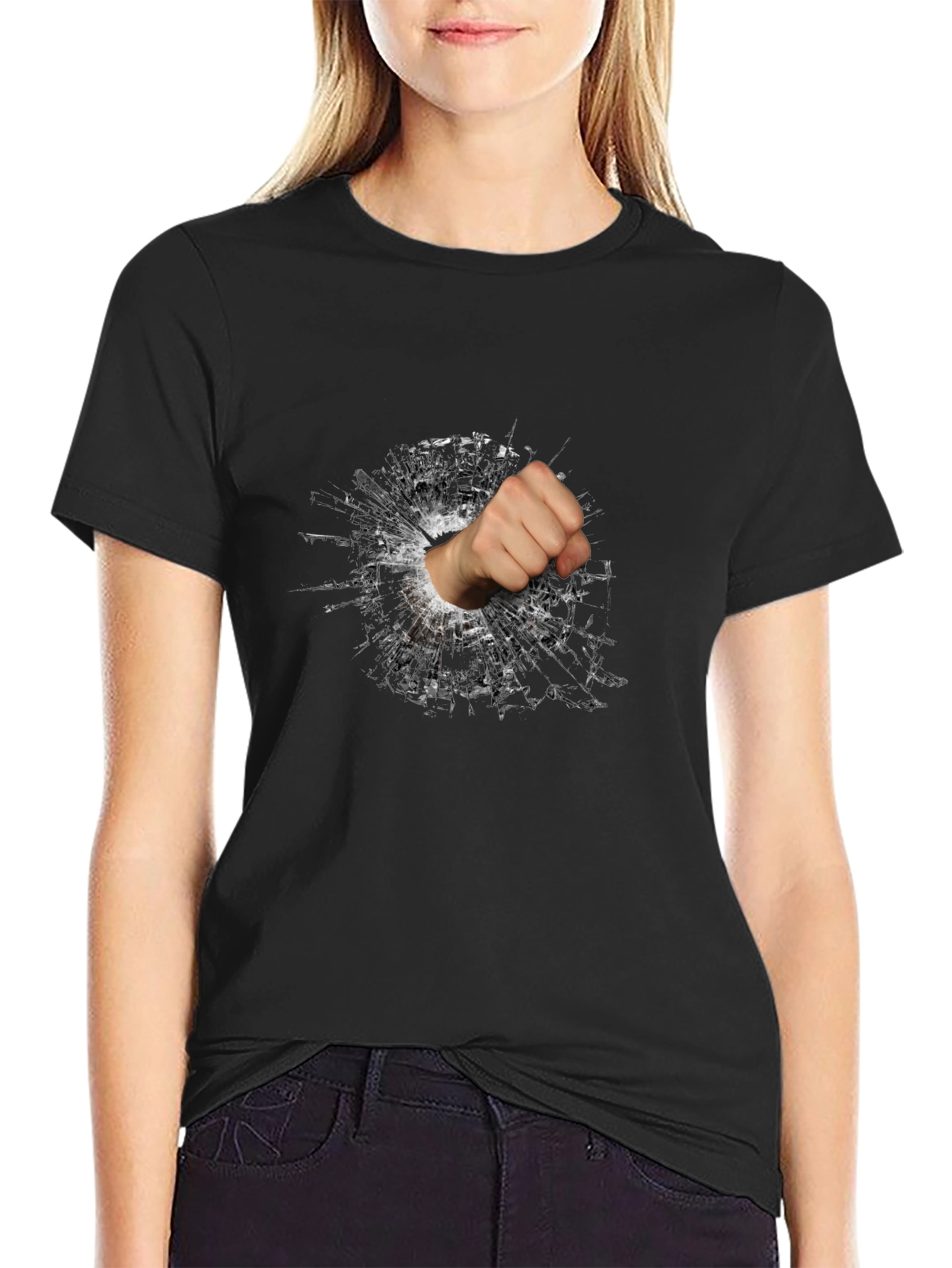 Shattered Glass Fist Graphic Tee - Black Cotton Casual