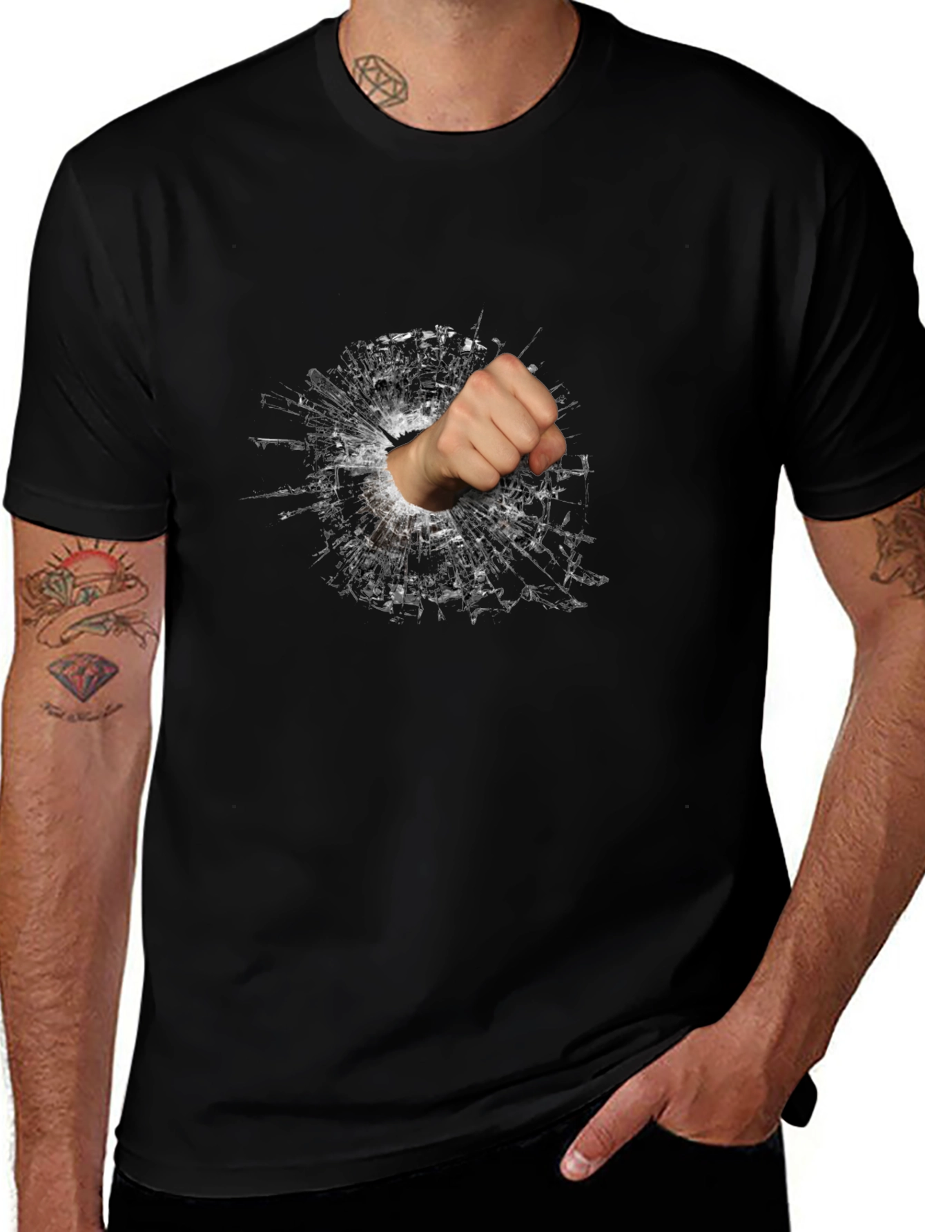 Shattered Glass Fist Graphic Tee - Black Cotton Casual