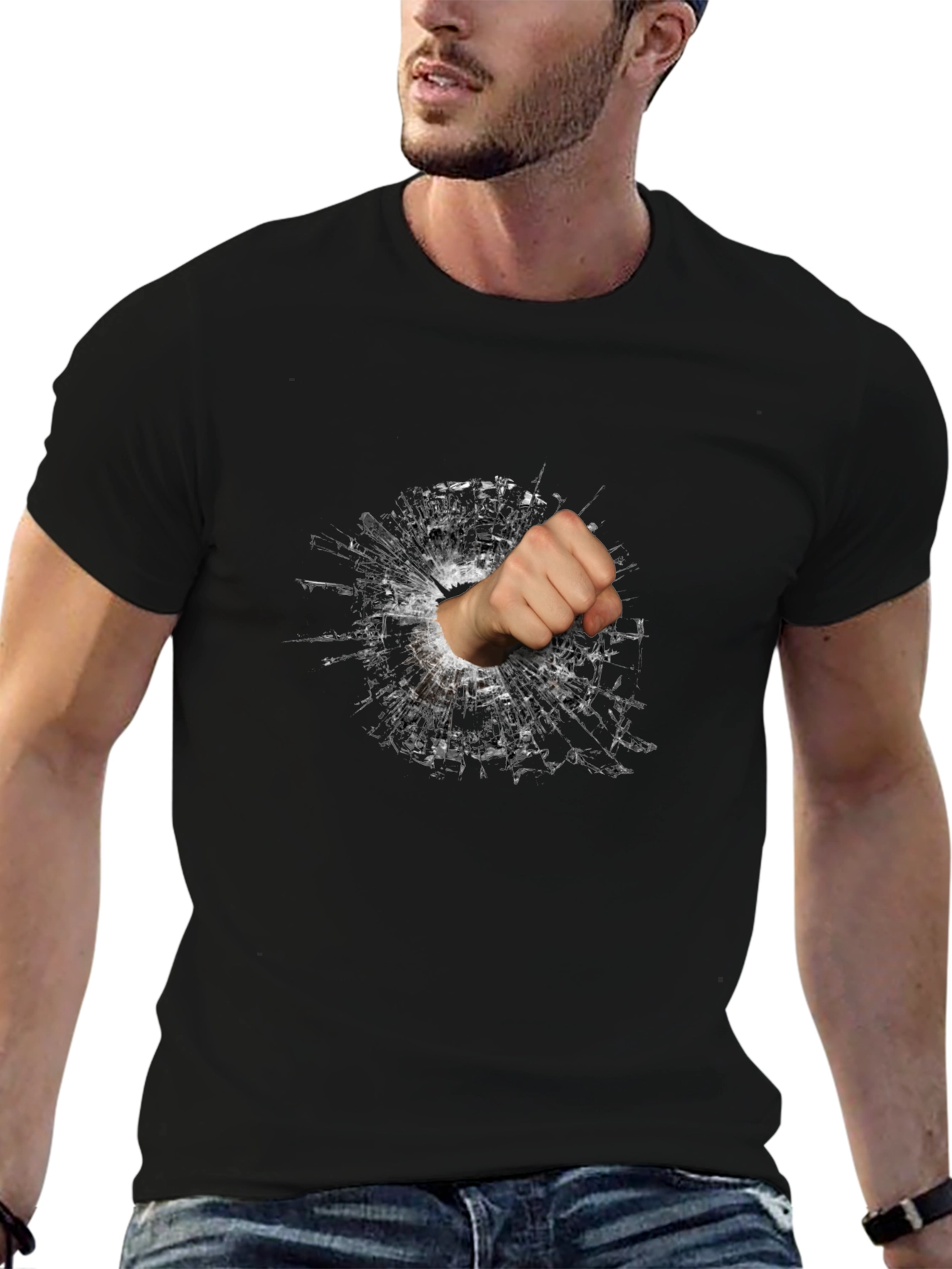 Shattered Glass Fist Graphic Tee - Black Cotton Casual