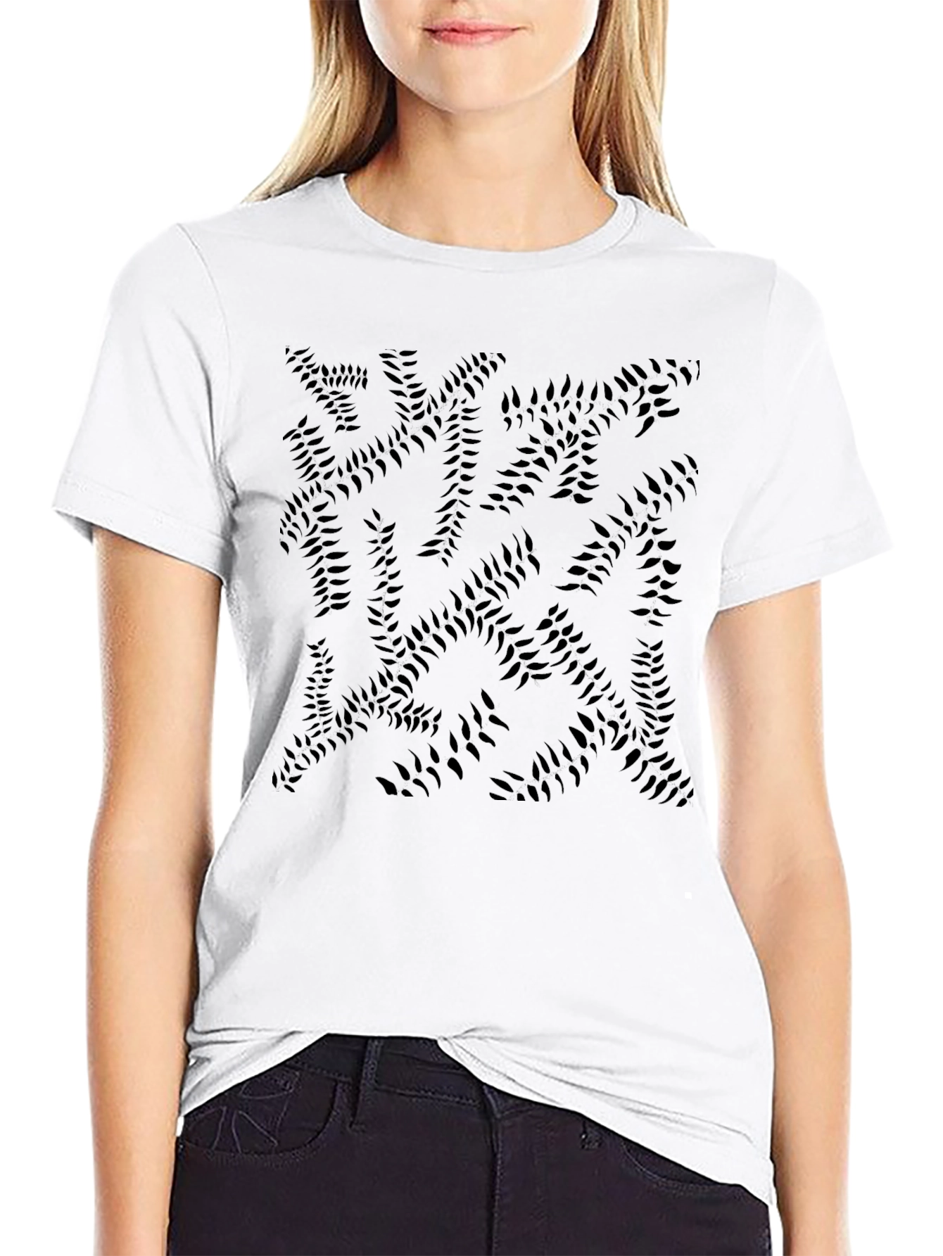 Abstract Leaf Print Black Crew Neck Tee