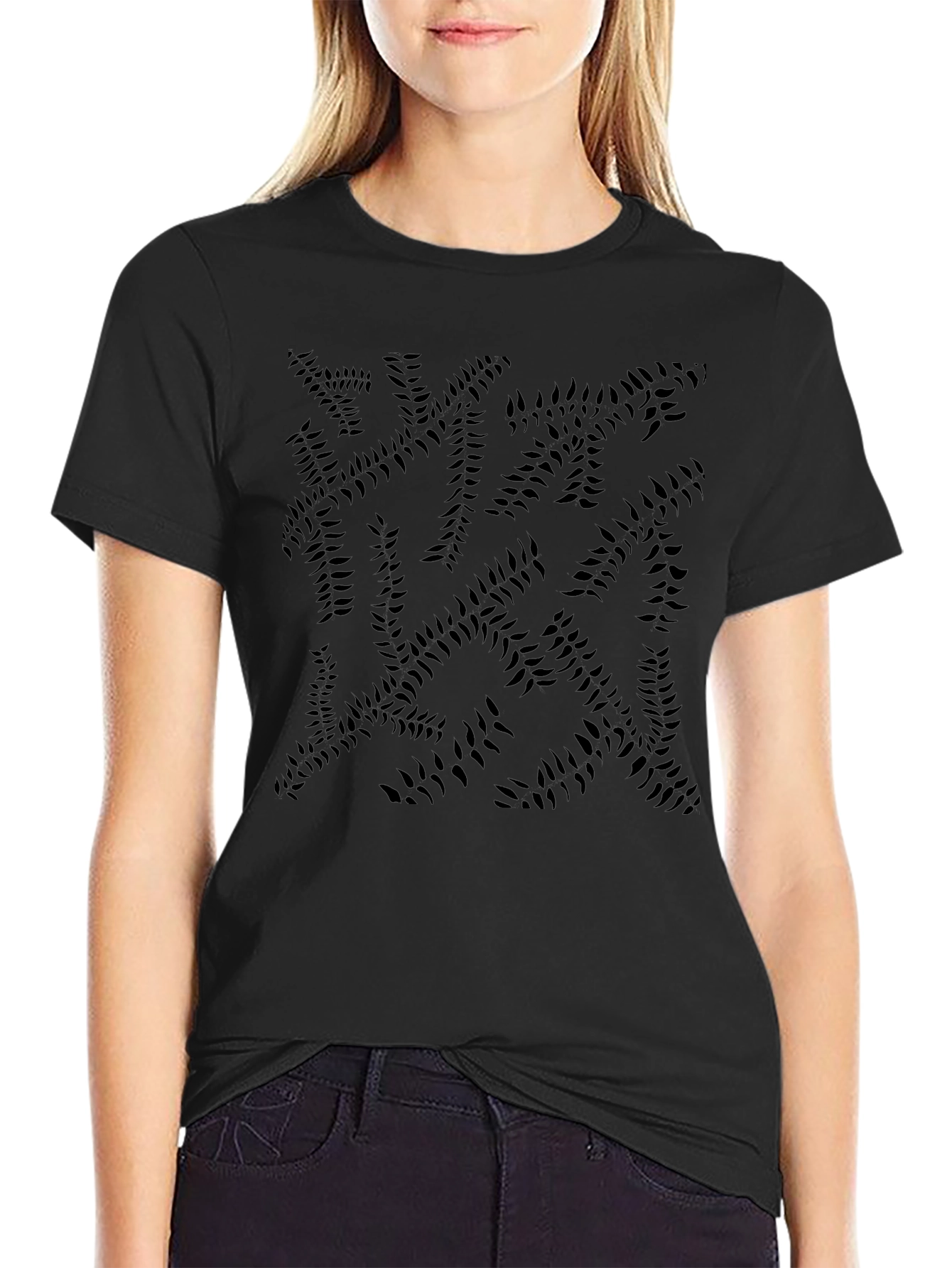 Abstract Leaf Print Black Crew Neck Tee