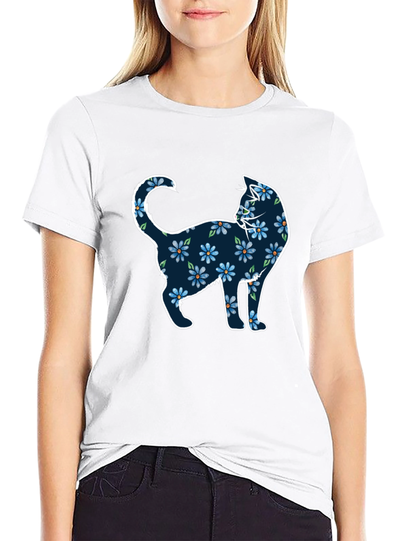 Floral Cat Graphic Tee - Black
