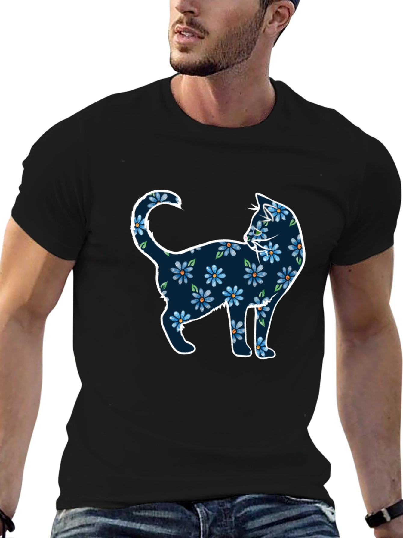 Floral Cat Graphic Tee - Black