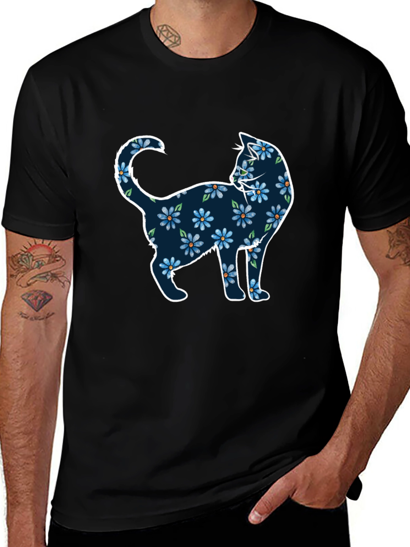 Floral Cat Graphic Tee - Black