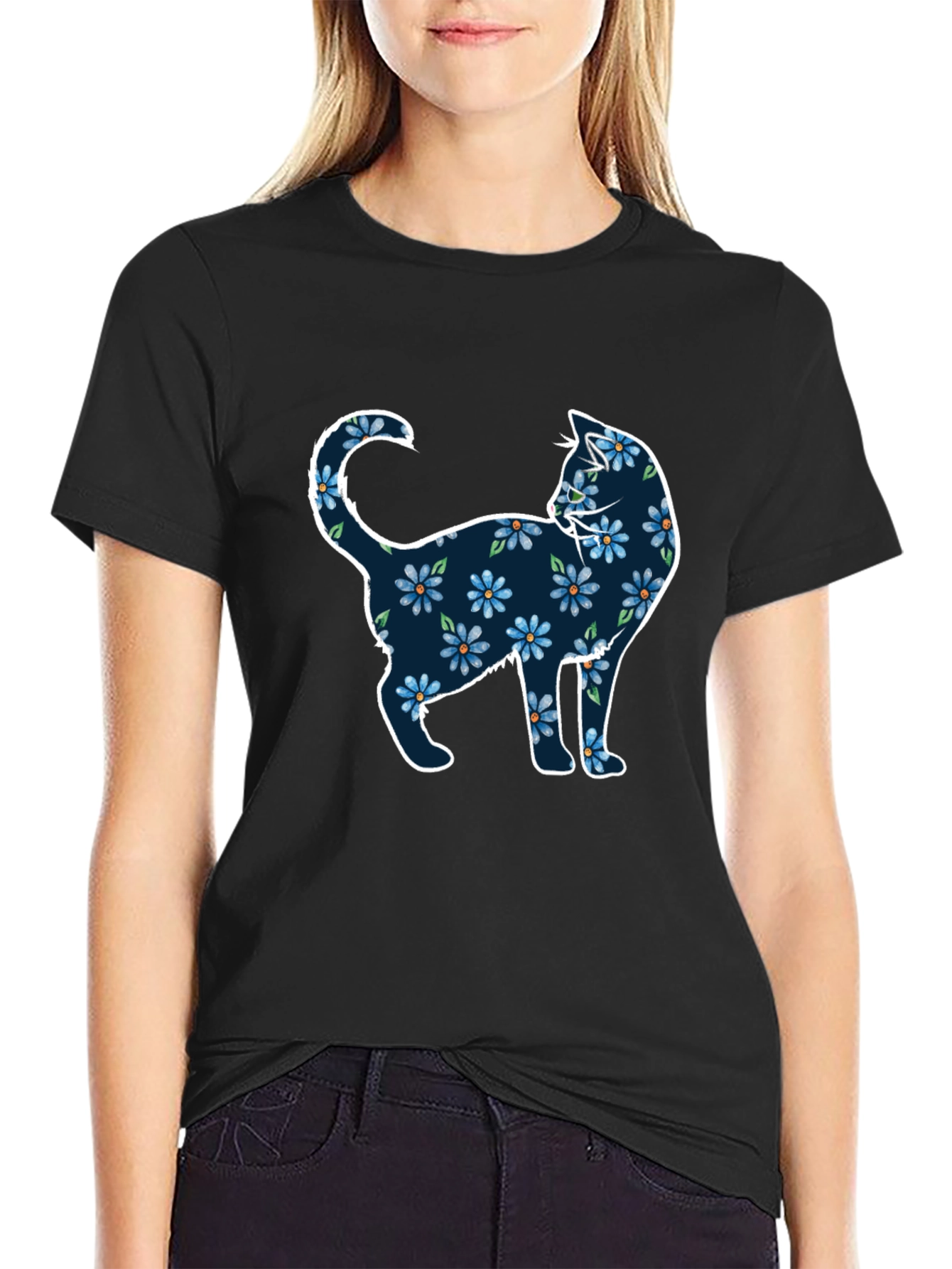 Floral Cat Graphic Tee - Black