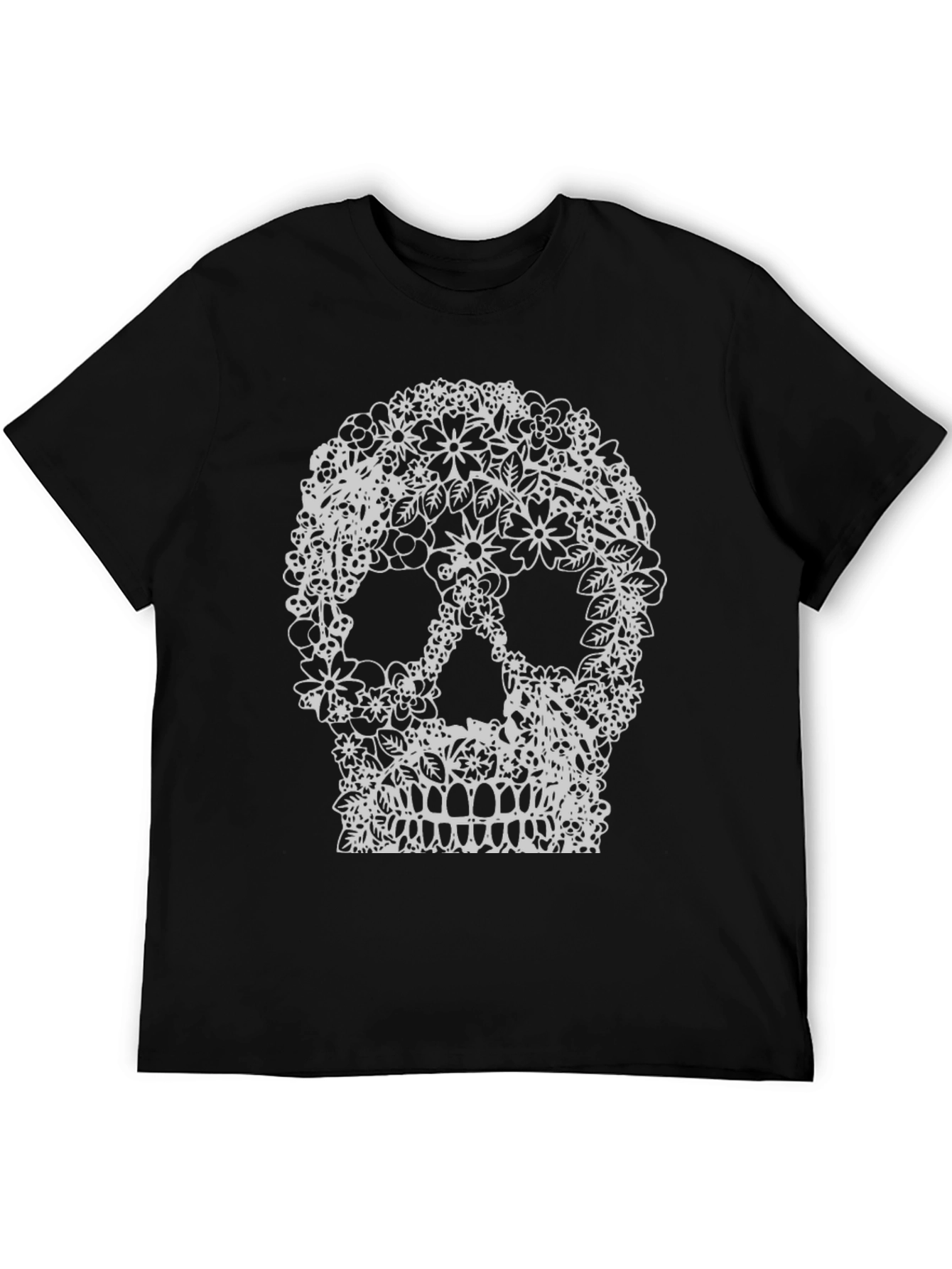 Floral Skull Graphic Tee - Black Cotton T-Shirt