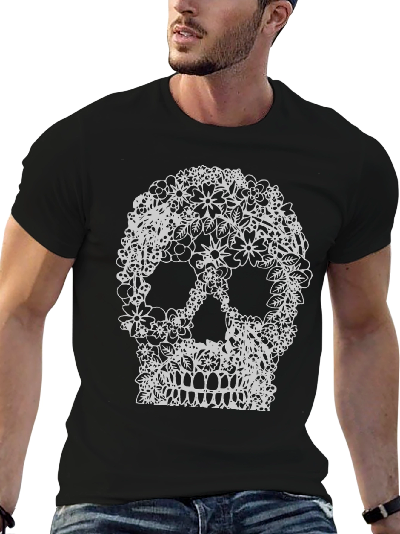 Floral Skull Graphic Tee - Black Cotton T-Shirt