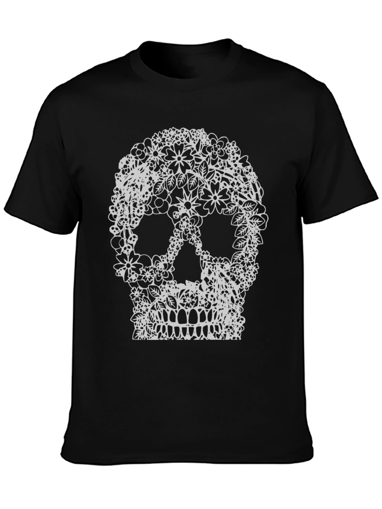 Floral Skull Graphic Tee - Black Cotton T-Shirt
