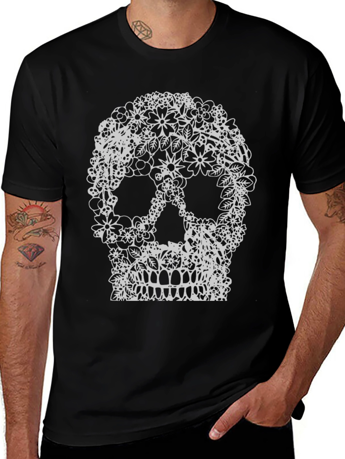 Floral Skull Graphic Tee - Black Cotton T-Shirt