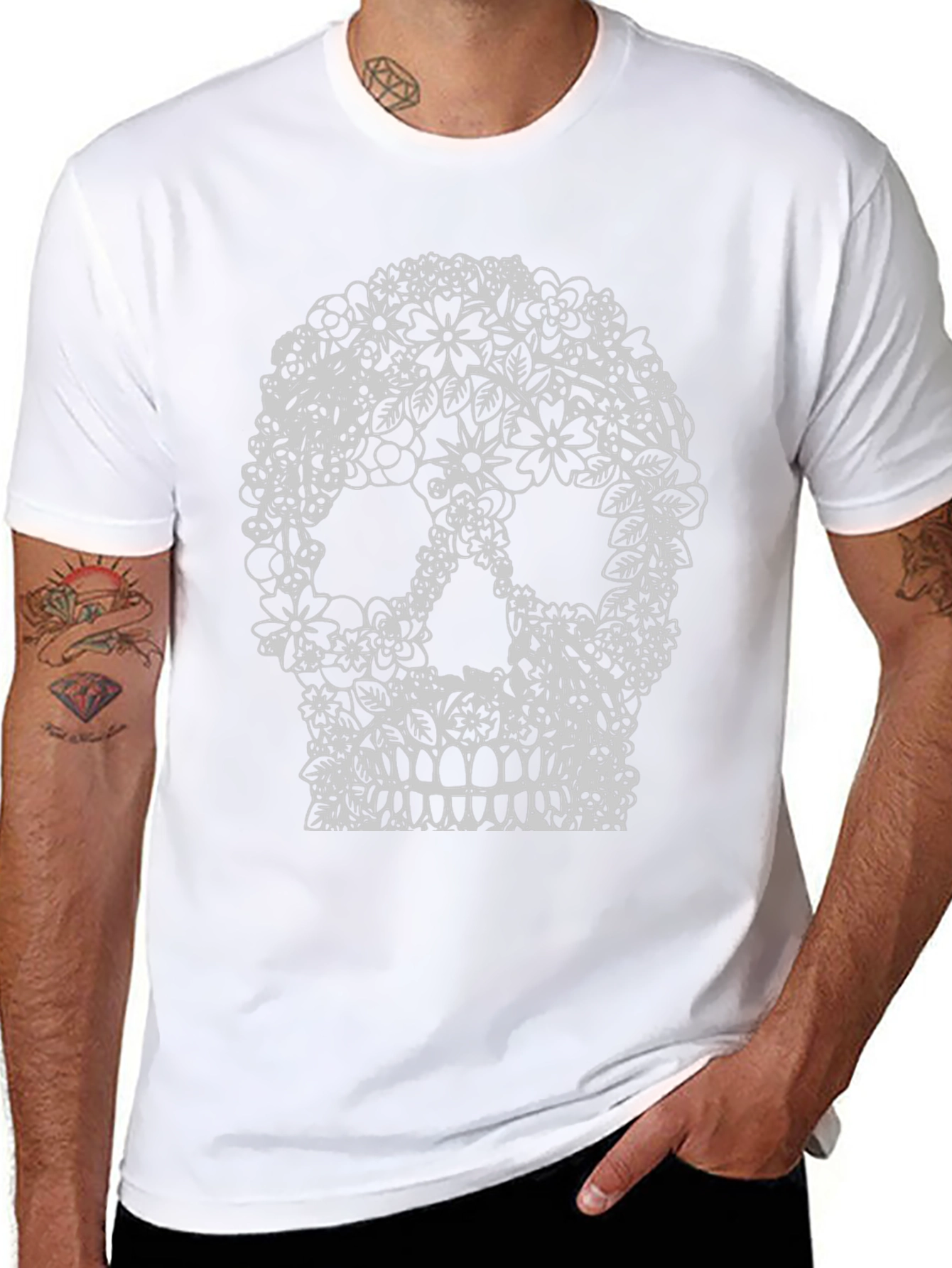 Floral Skull Graphic Tee - Black Cotton T-Shirt