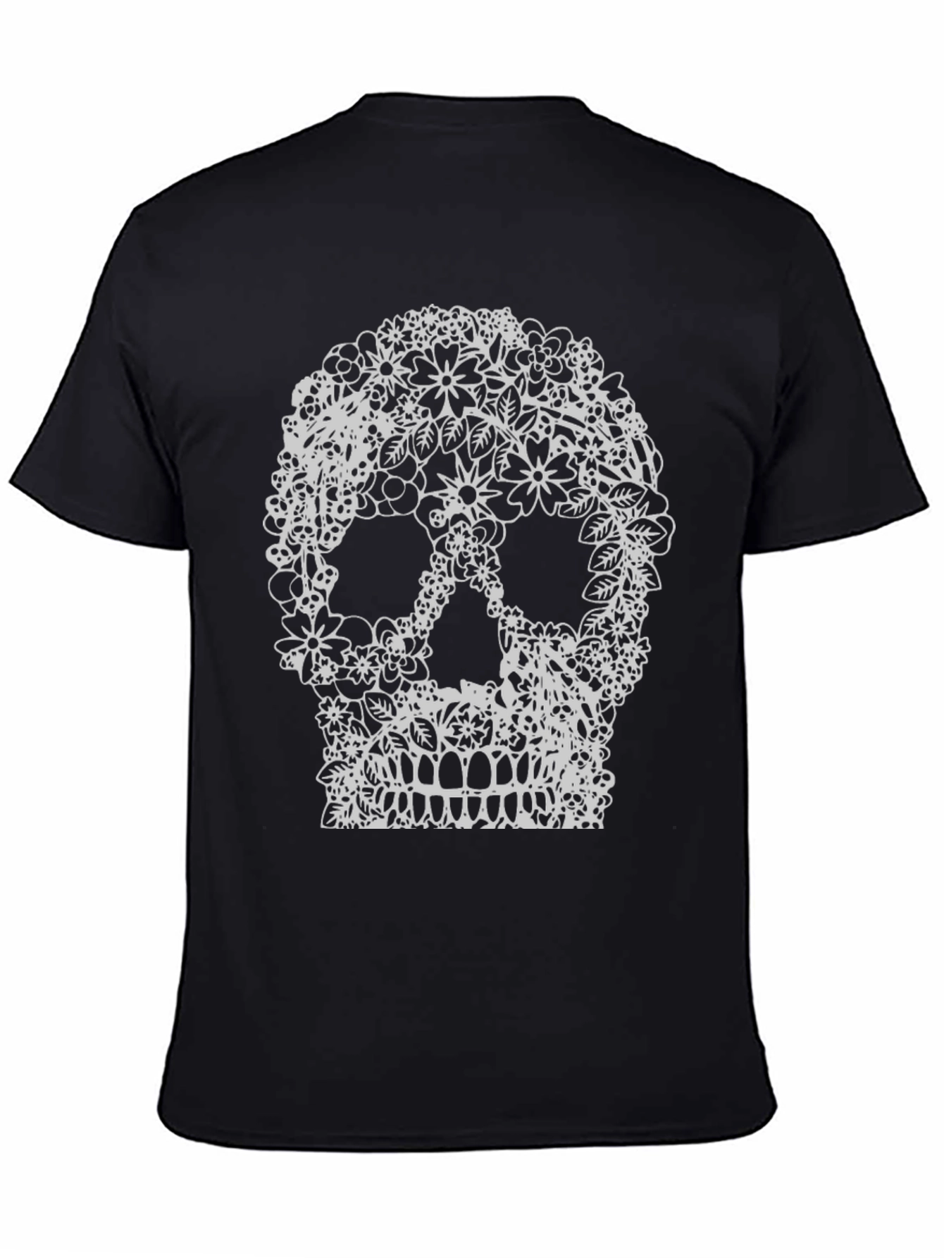 Floral Skull Graphic Tee - Black Cotton T-Shirt