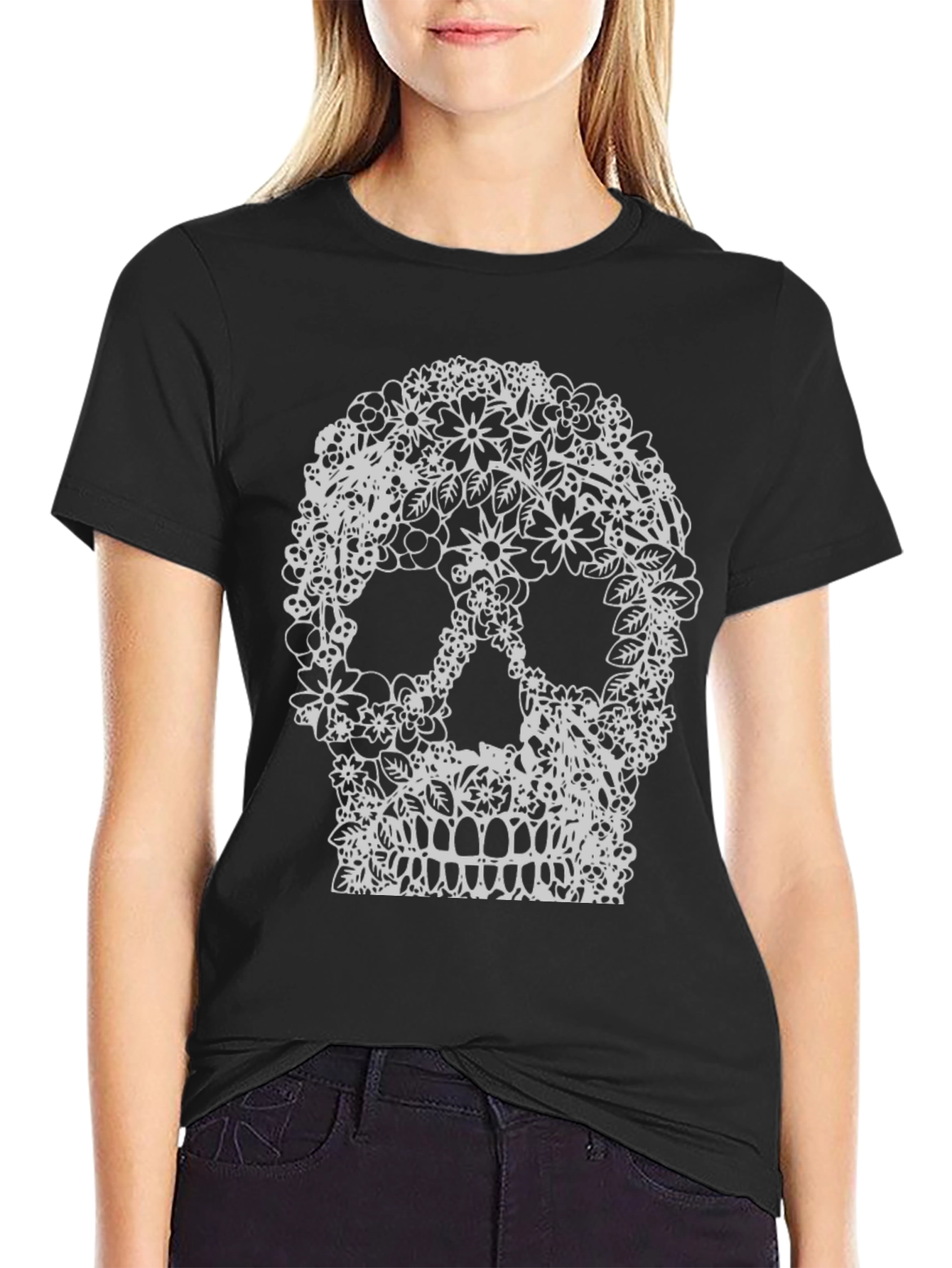 Floral Skull Graphic Tee - Black Cotton T-Shirt