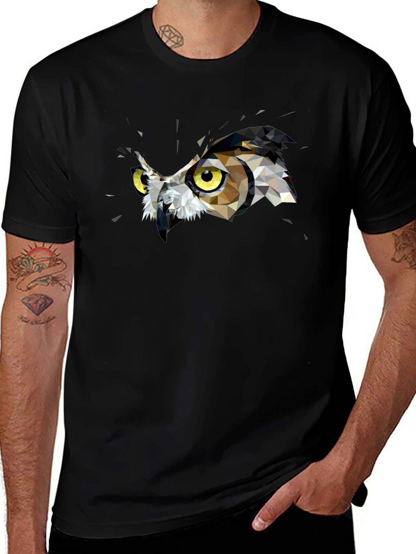 Geometric Owl Graphic Print Black T-Shirt