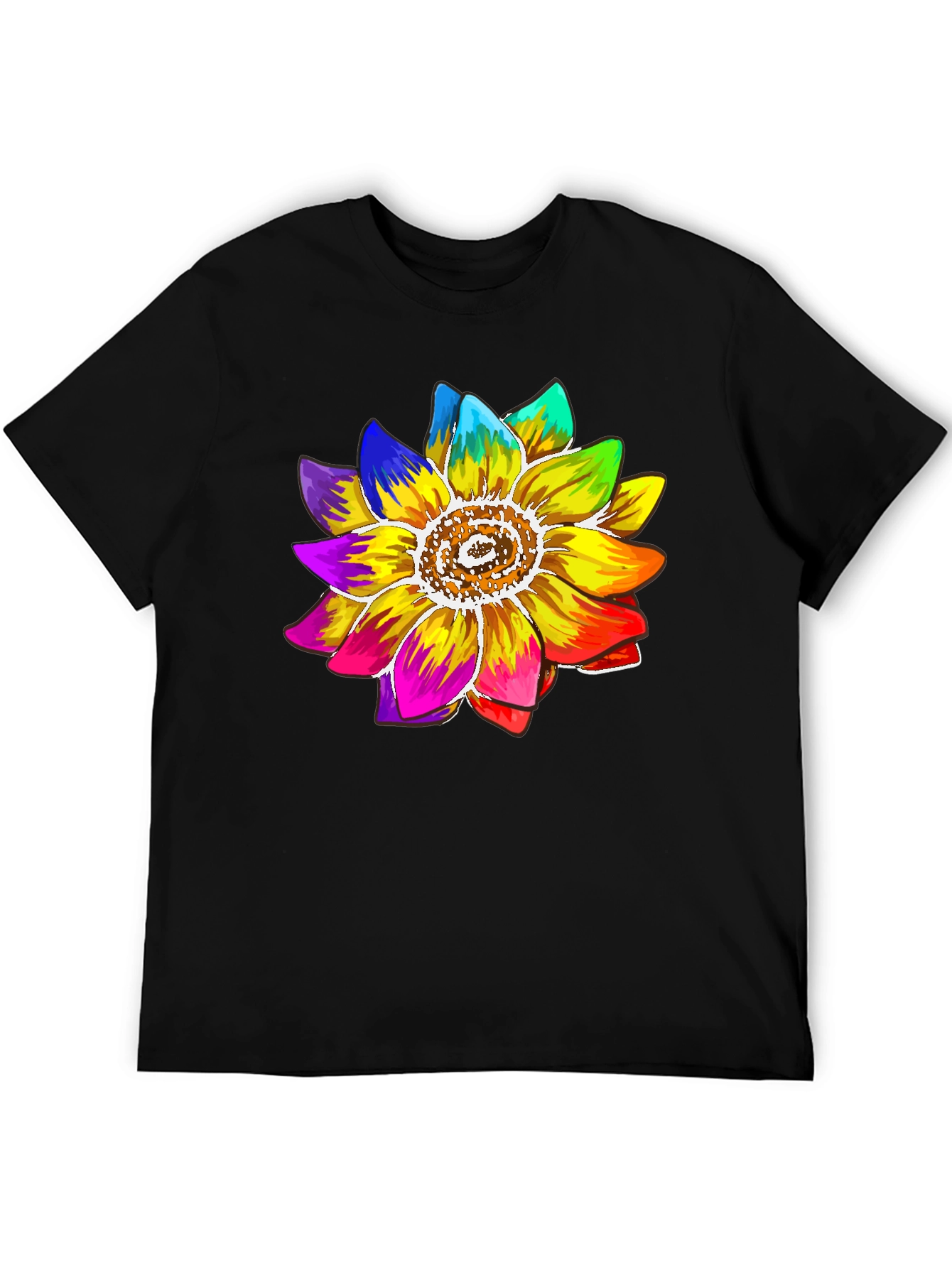 Rainbow Sunflower Graphic Tee - Black Cotton Blend Shirt