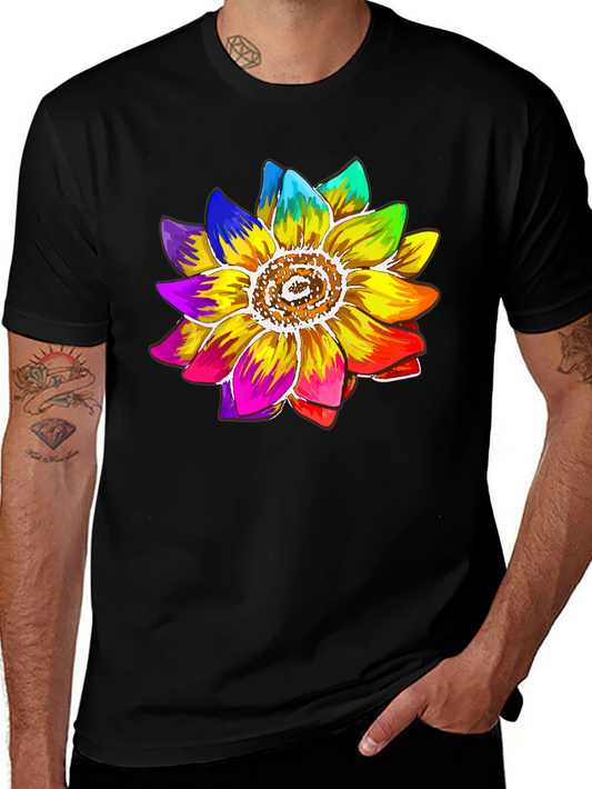 Rainbow Sunflower Graphic Tee - Black Cotton Blend Shirt