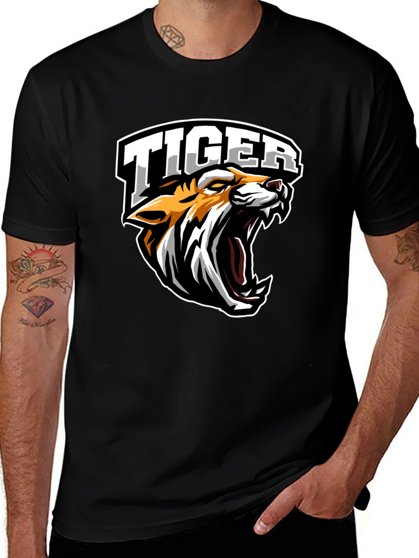 Tiger Graphic Tee - Black Cotton T-Shirt