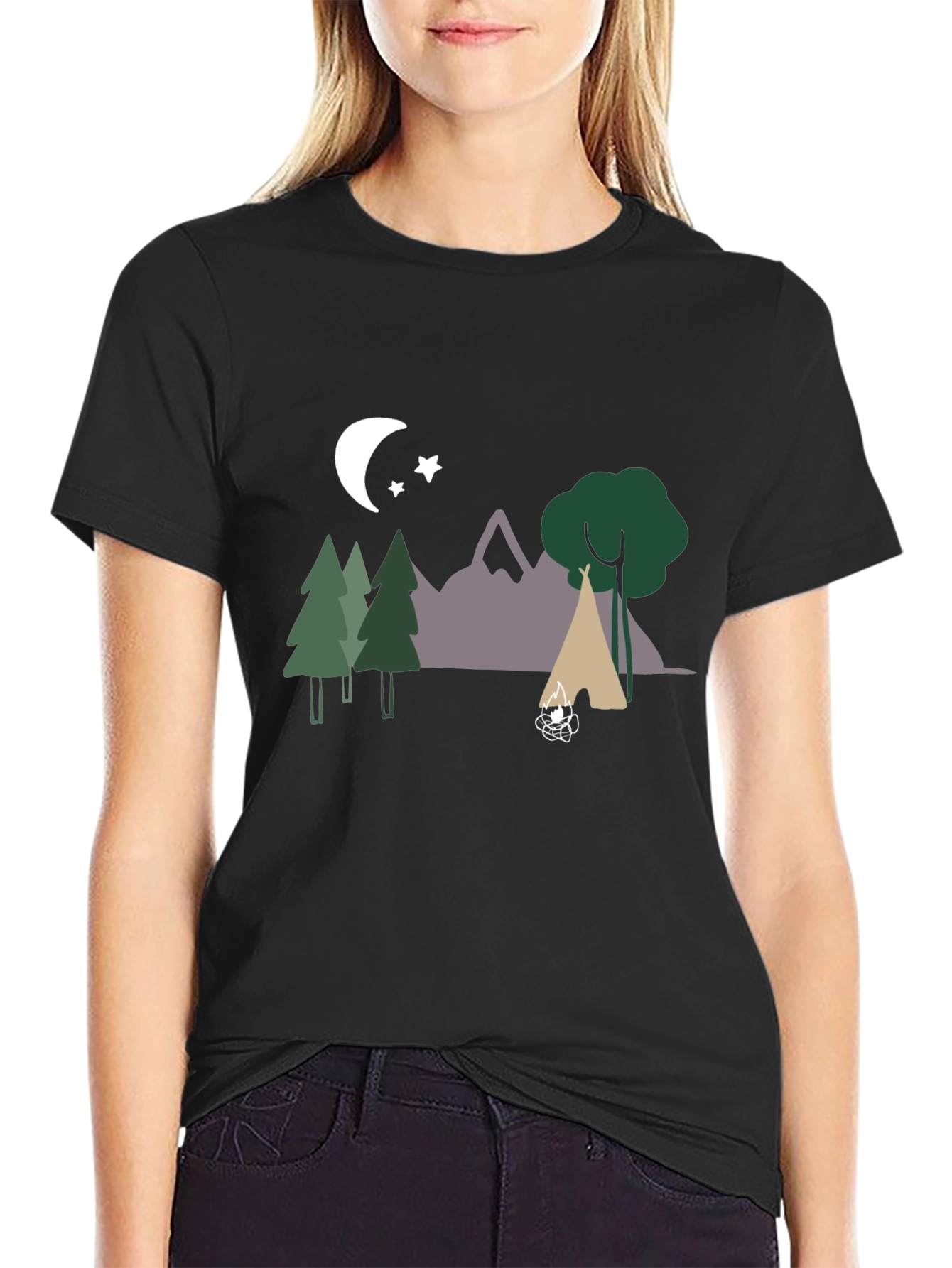 Camping Scene Graphic Tee - Black Cotton Blend