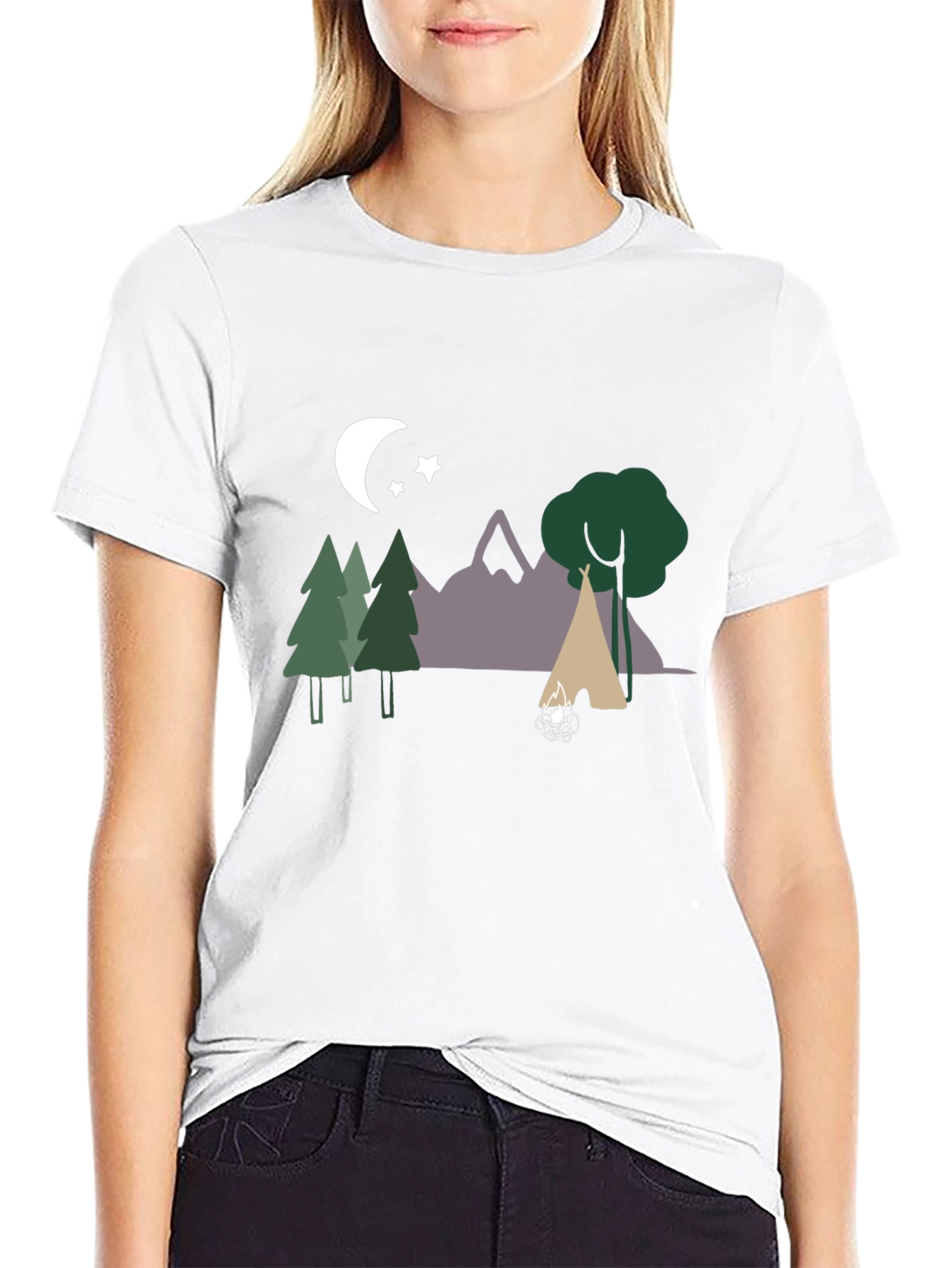 Camping Scene Graphic Tee - Black Cotton Blend