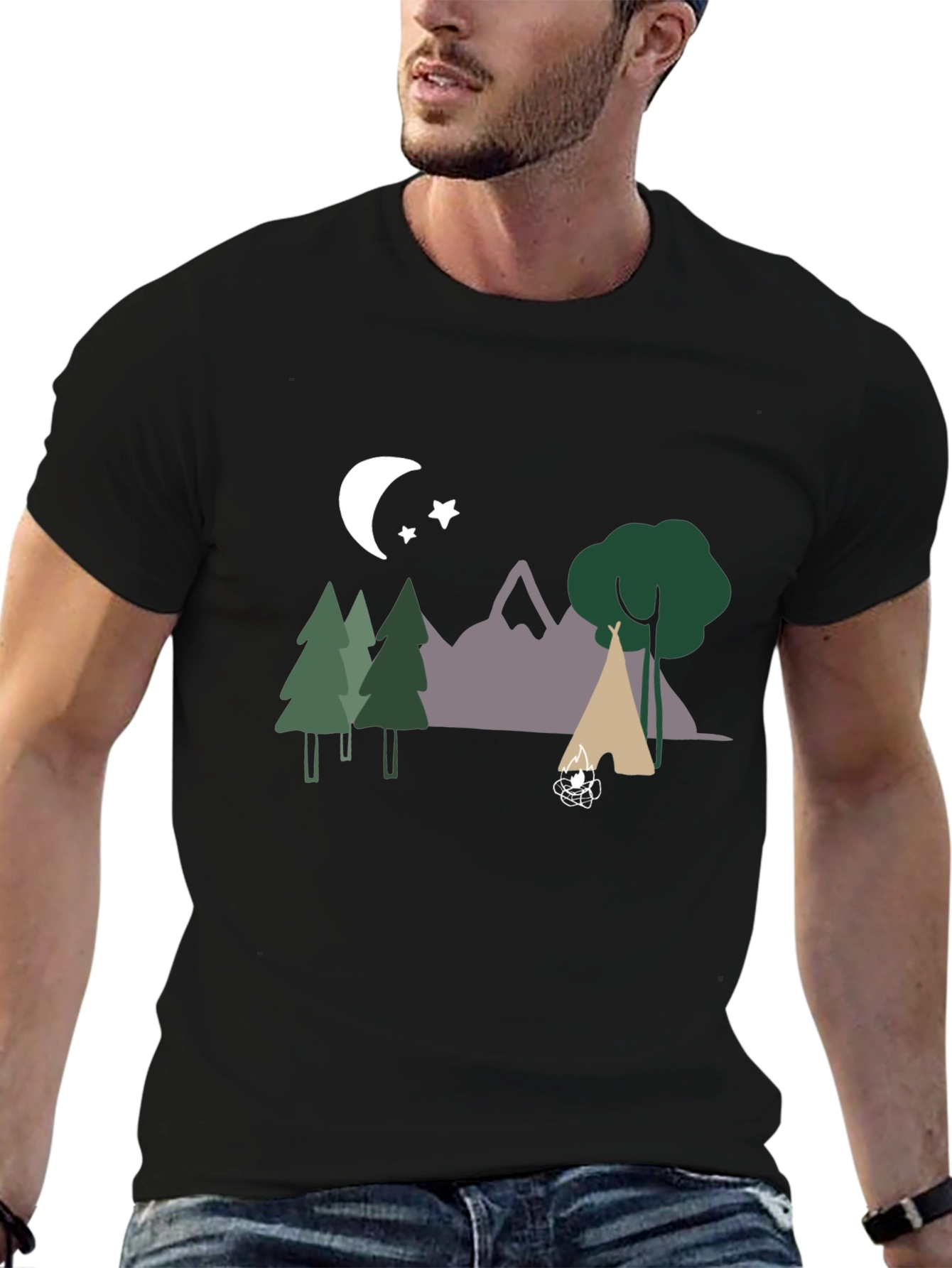 Camping Scene Graphic Tee - Black Cotton Blend